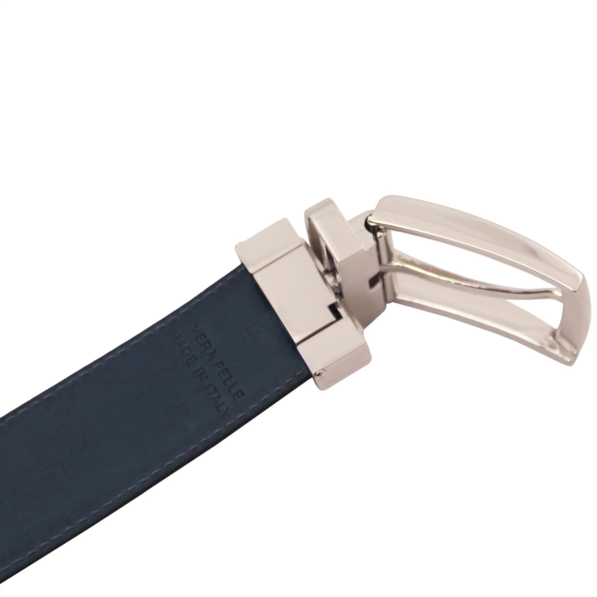 Close up view reversible belt rotating buckle detail showing dark blue side