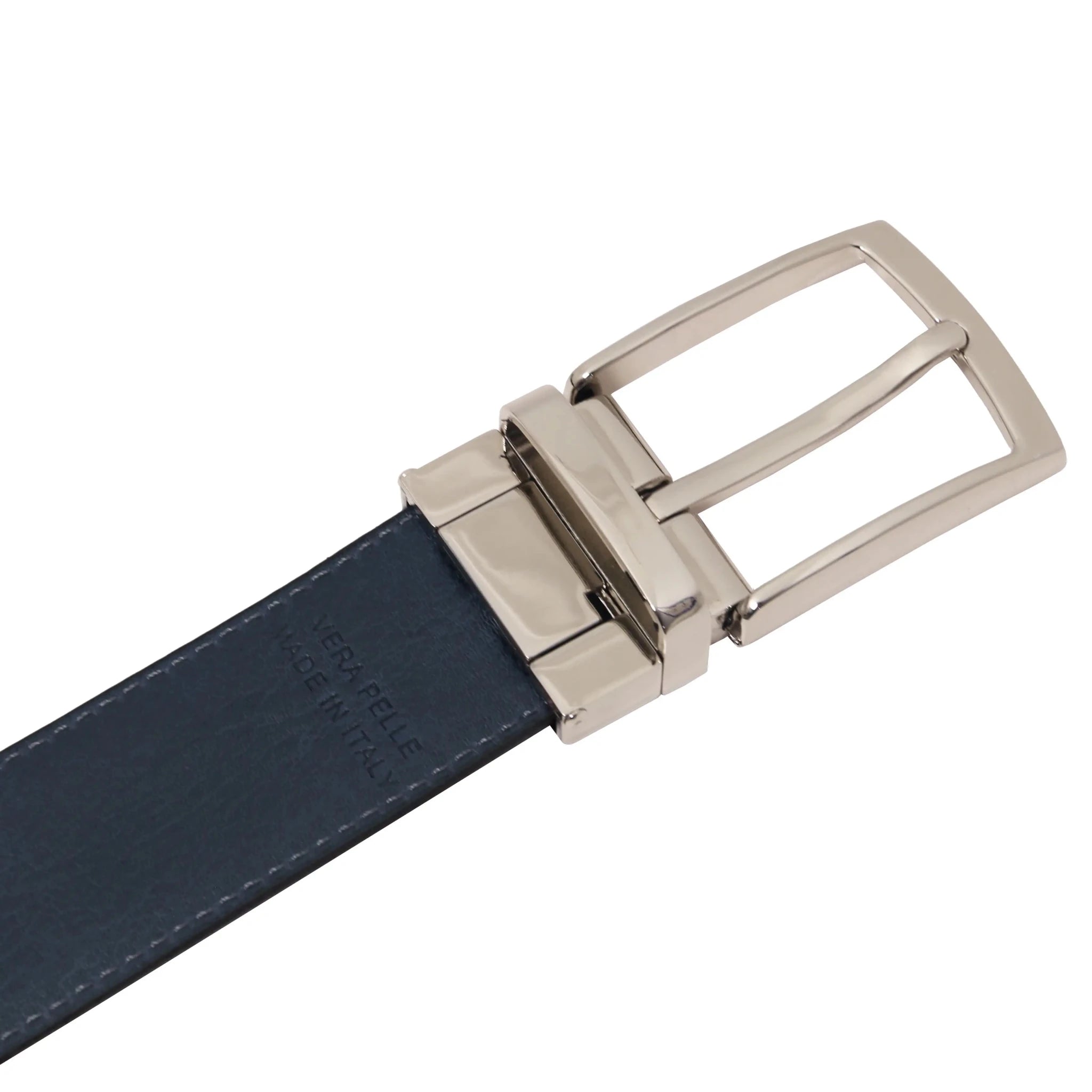 Close-Up view Italian Leather Belt Silver-Tone Buckle showing Dark Blue side