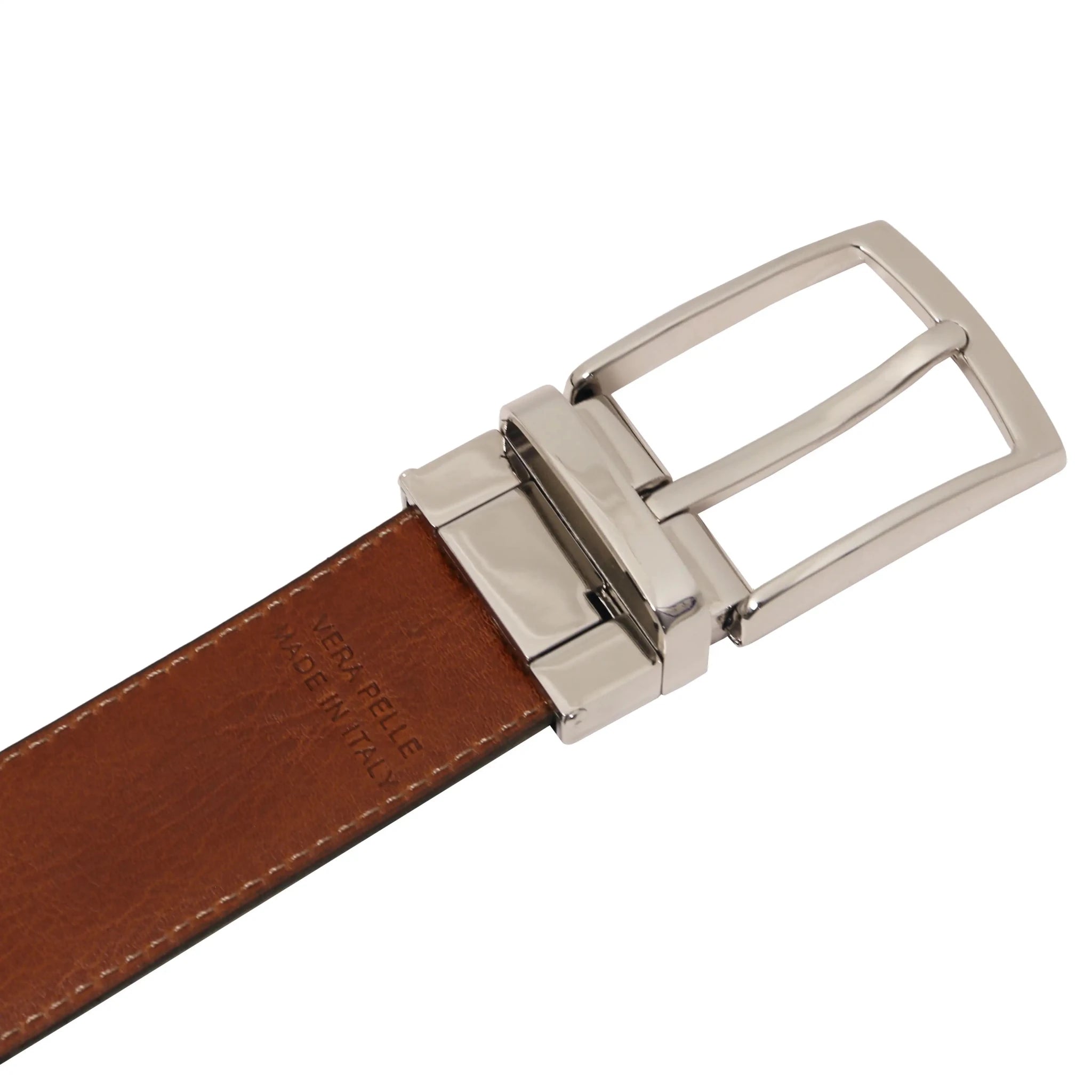Brown leather belt with silver buckle on a white background