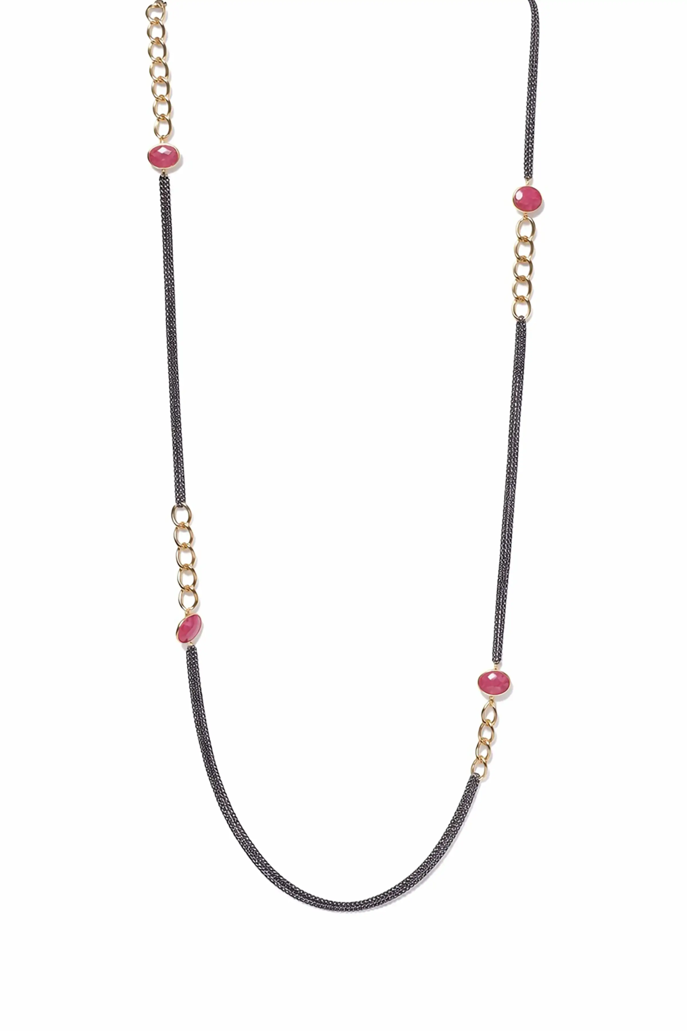 Ruby Mixed Metal Antique Long Necklace hanging on a white background
