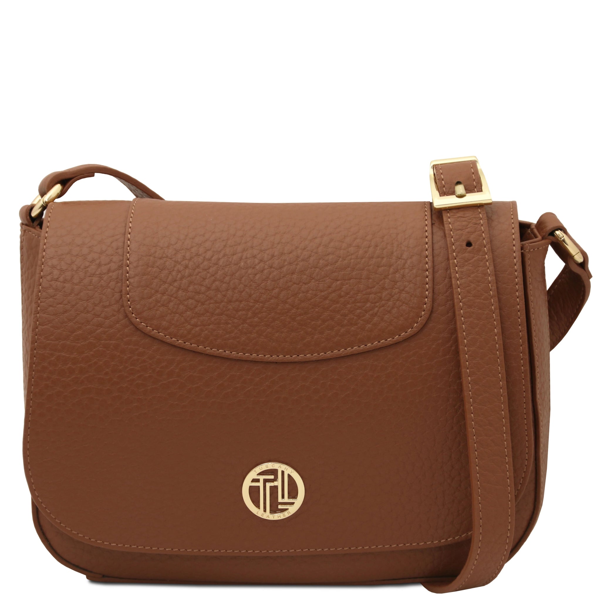 Front view Sella Italian Leather Shoulder Bag in cognac