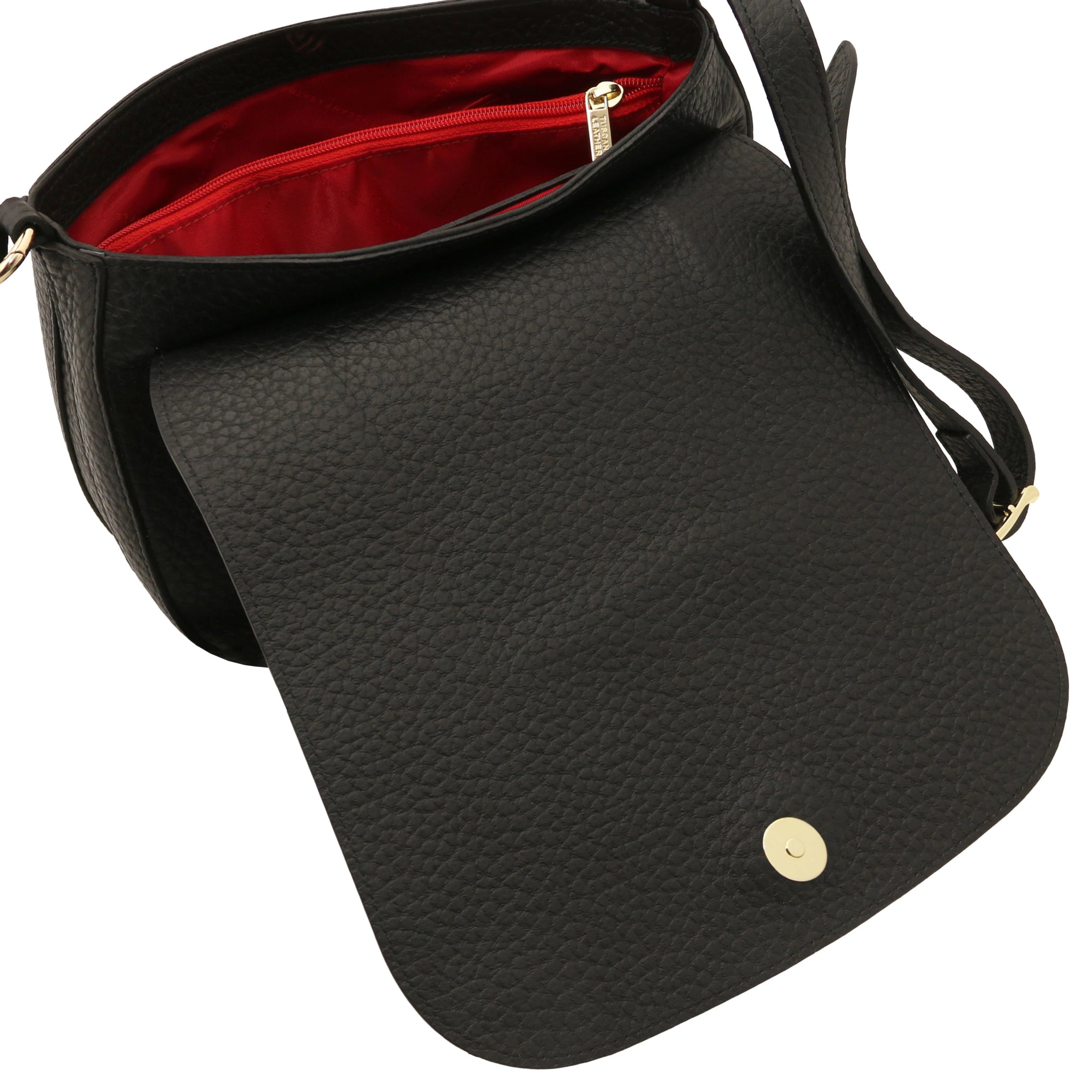 Interior zip pocket red lining view Sella Italian Leather Shoulder Bag in black.