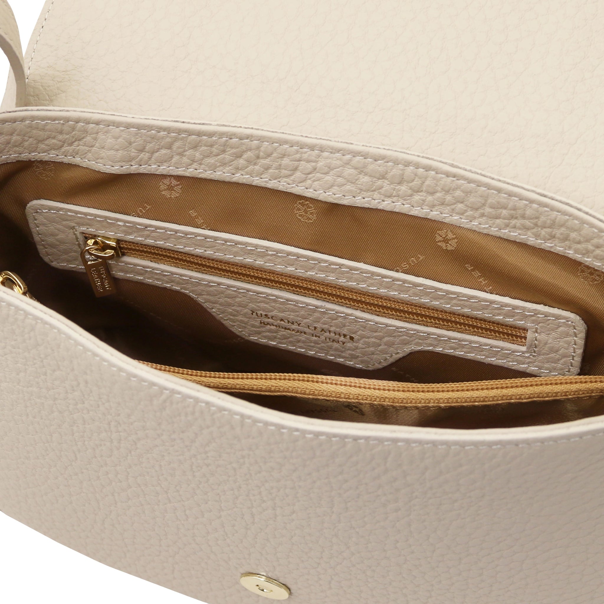 Interior zip pocket  beige lining view Sella Italian Leather Shoulder Bag beige