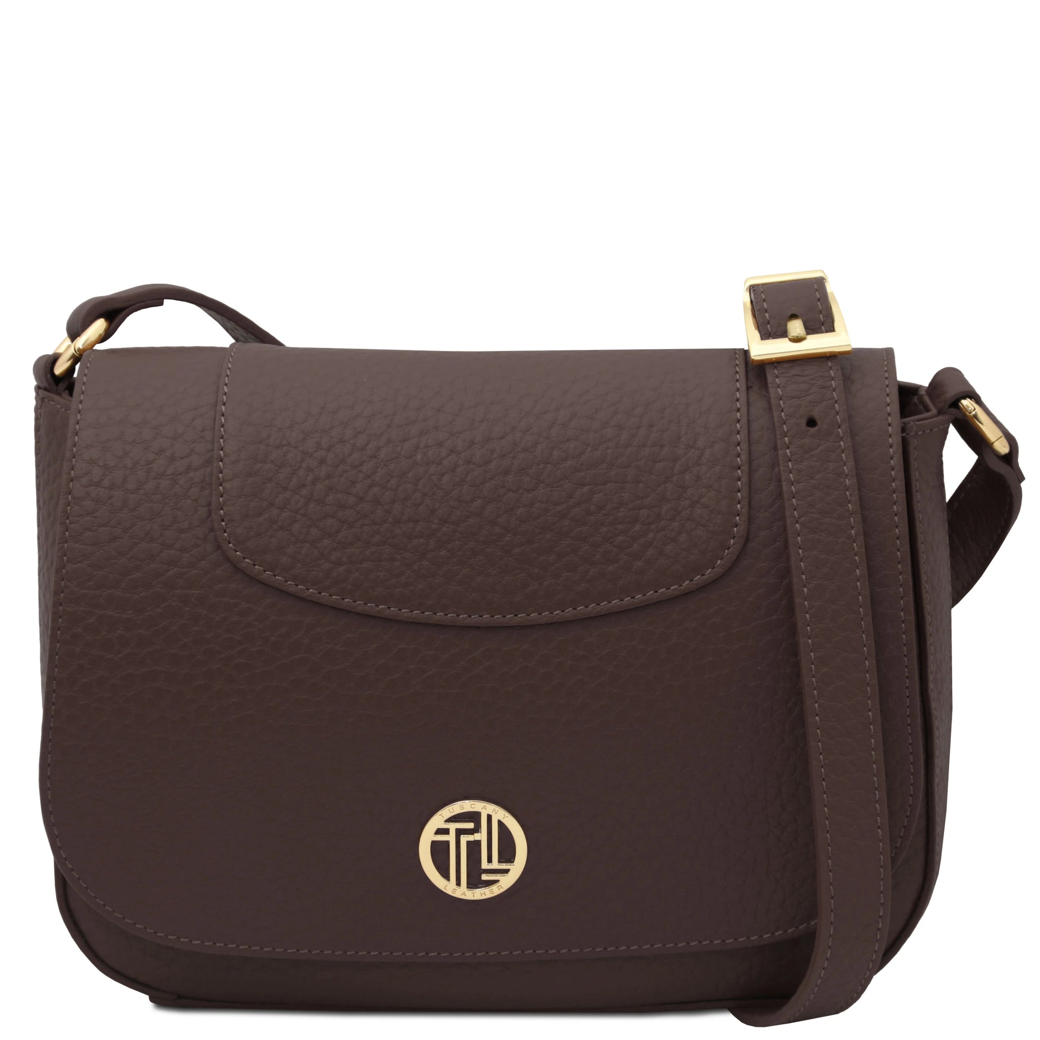 Front view Sella Italian Leather Shoulder Bag in dark brown