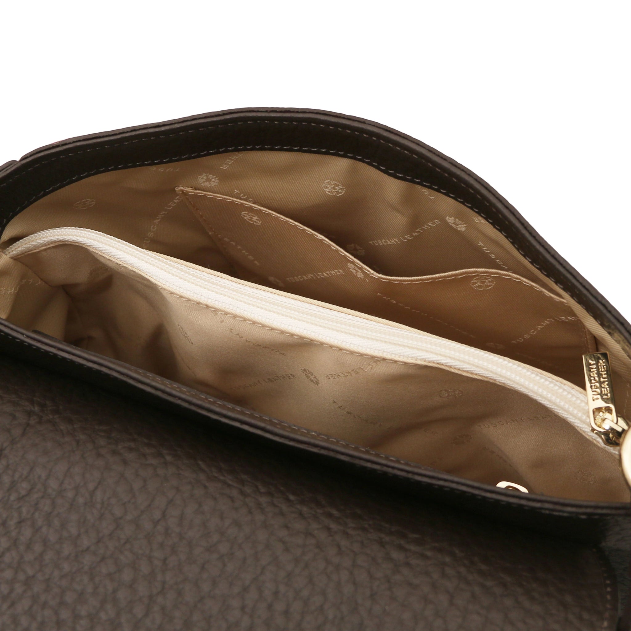 Interior open pocket beige lining view Sella Italian Leather Shoulder Bag dark brown