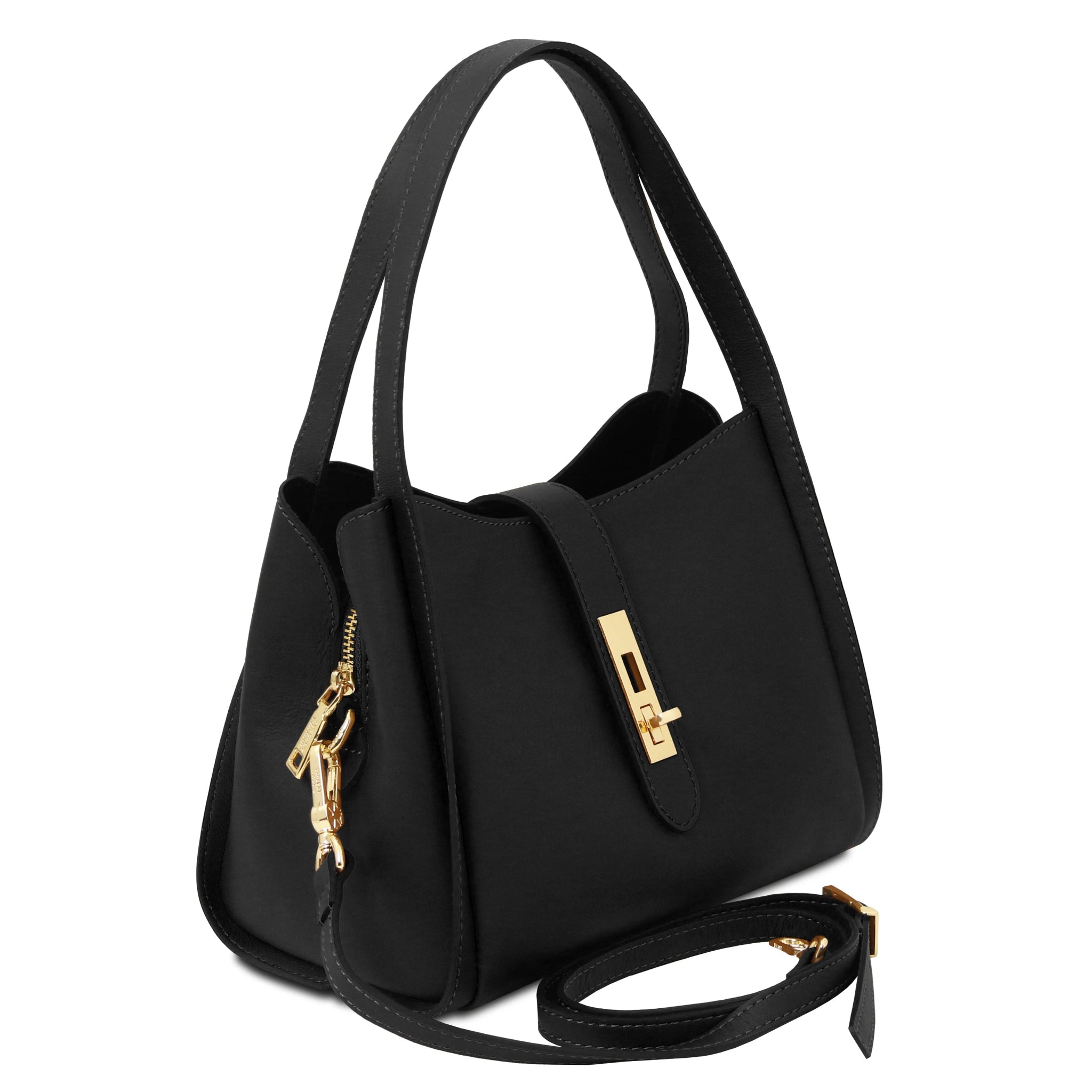 Front view with shoulder strap Soave Soft Leather Handbag in Black