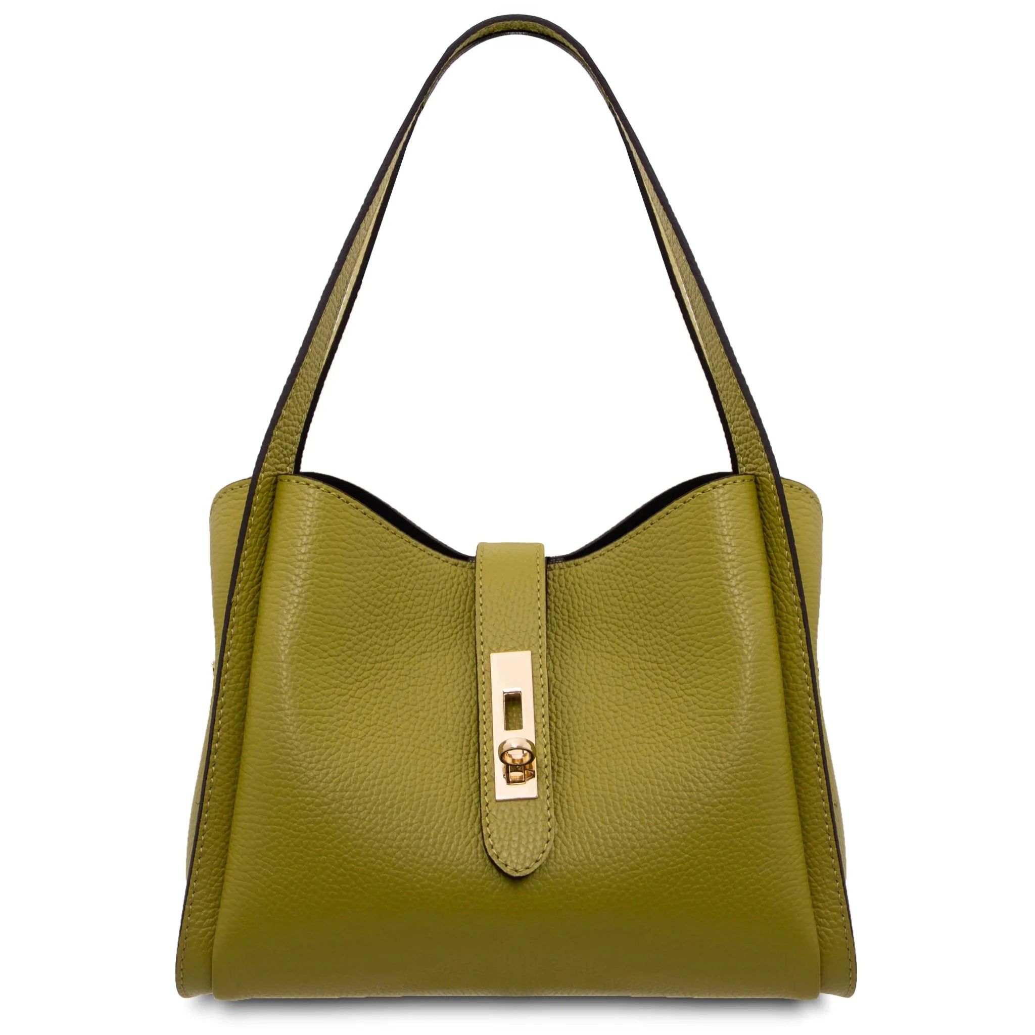 Front view Soave Soft Leather Handbag in green on a white background