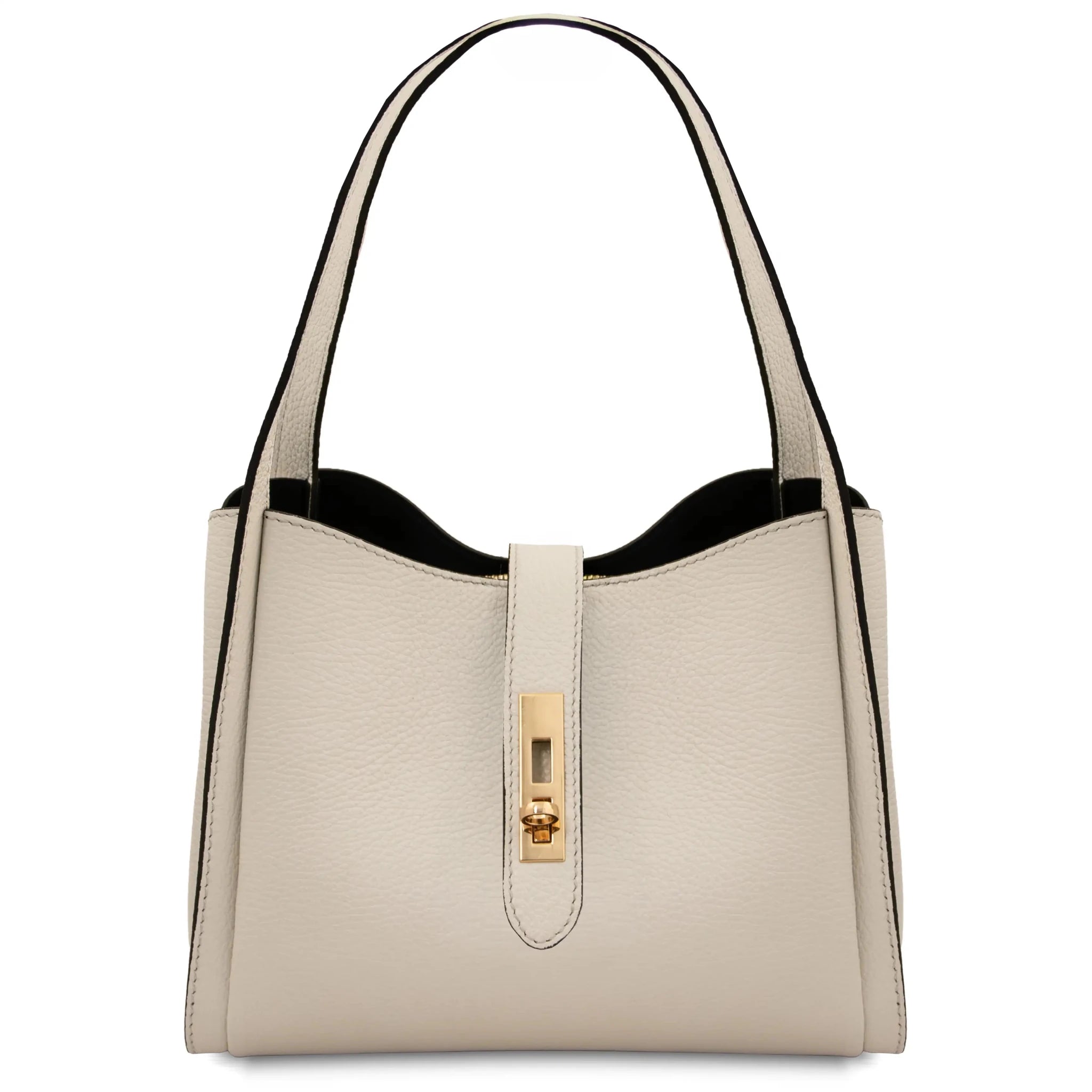 Front view Soave Soft Leather Handbag in beuge on a white background