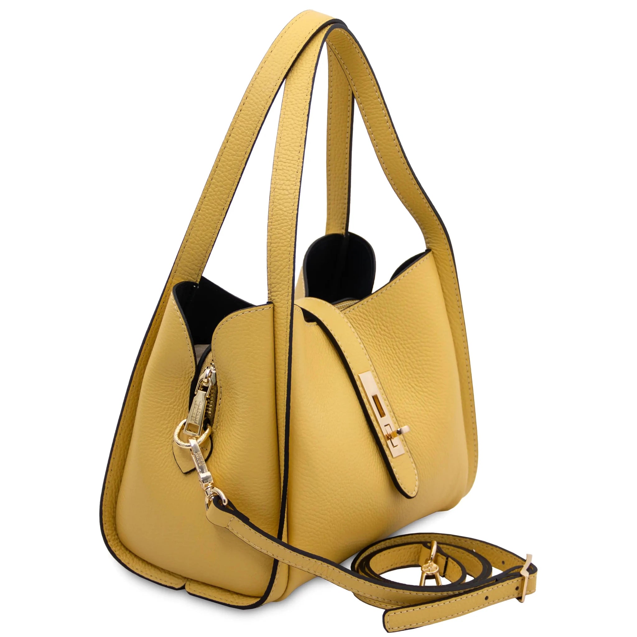Front angled view Soave Soft Leather Handbag in yellow with shoulder strap on white background