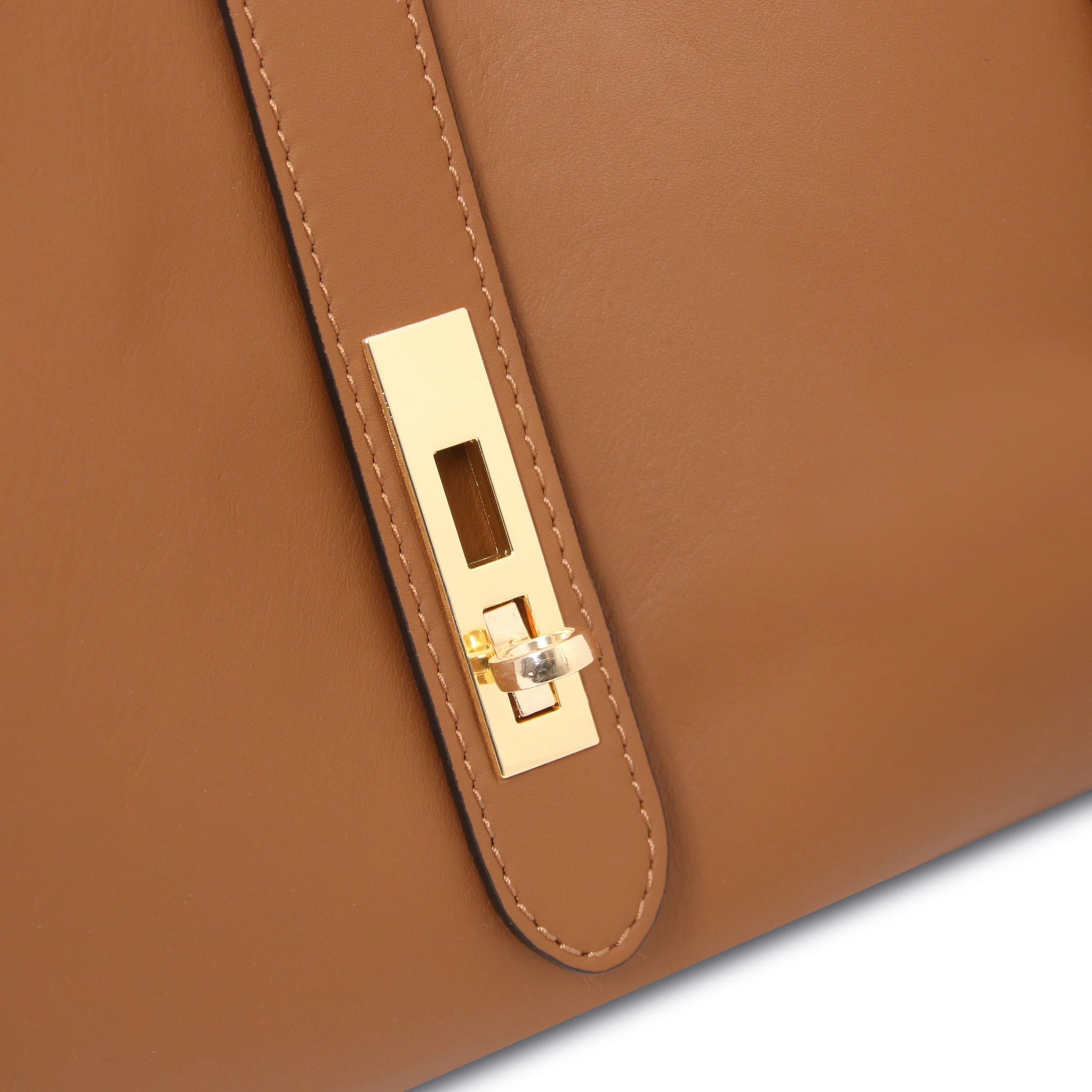 Twist lock view Soave Soft Italian Leather Handbag in Cognac