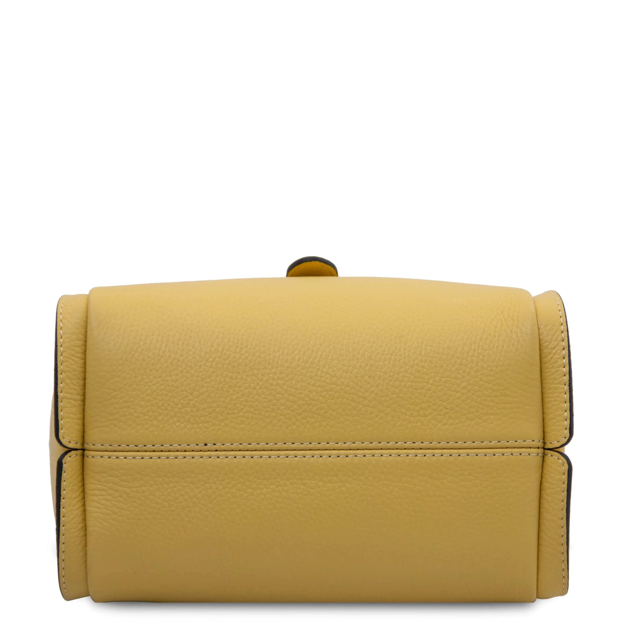 Bottom view Soave Soft Leather Handbag in yellow on a white background