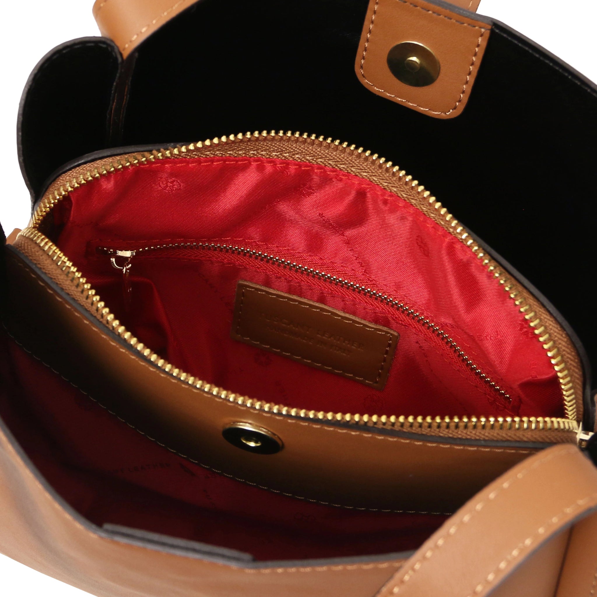 Interior zip pocket view Soave Soft Leather Handbag in Cognac with red lining