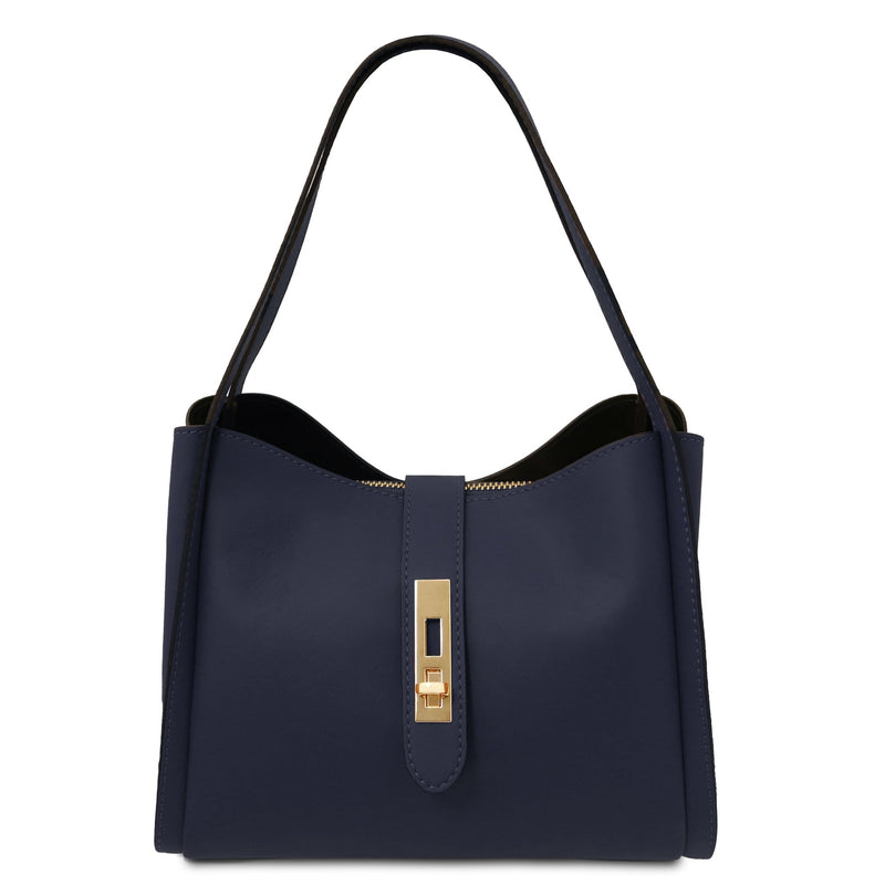 Front view Soave Soft Leather Handbag in Dark Blue