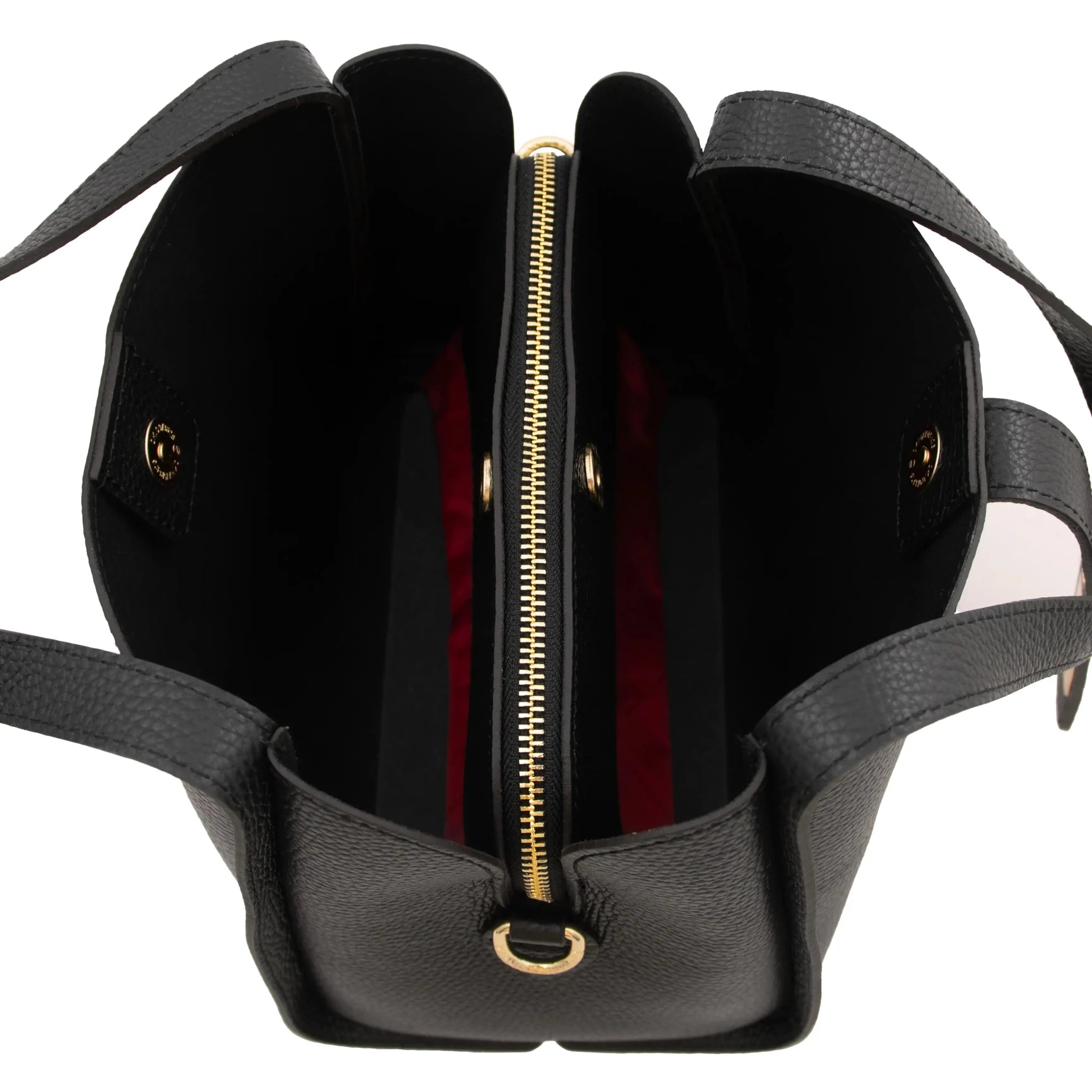 Interior two compartment view Soave Soft Leather Handbag in black on a white background