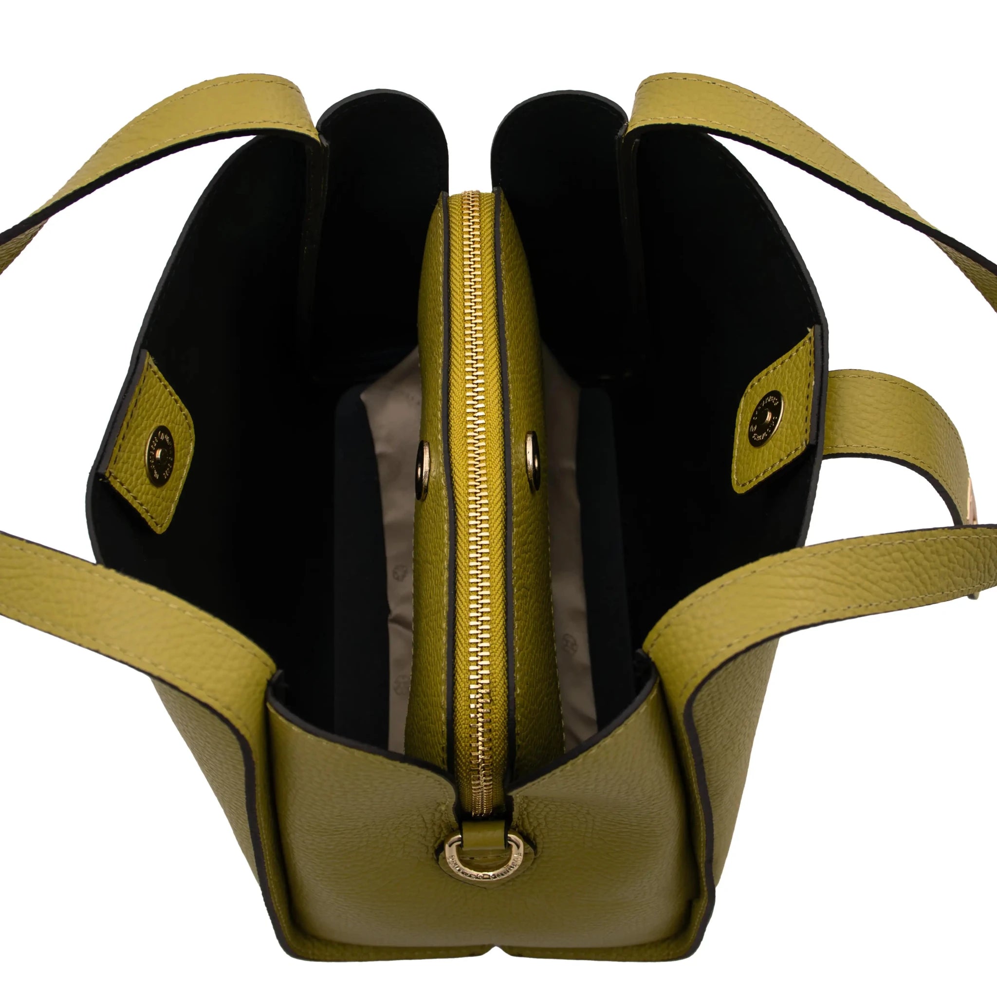 Interior two compartment view Soave Soft Leather Handbag in green on a white background