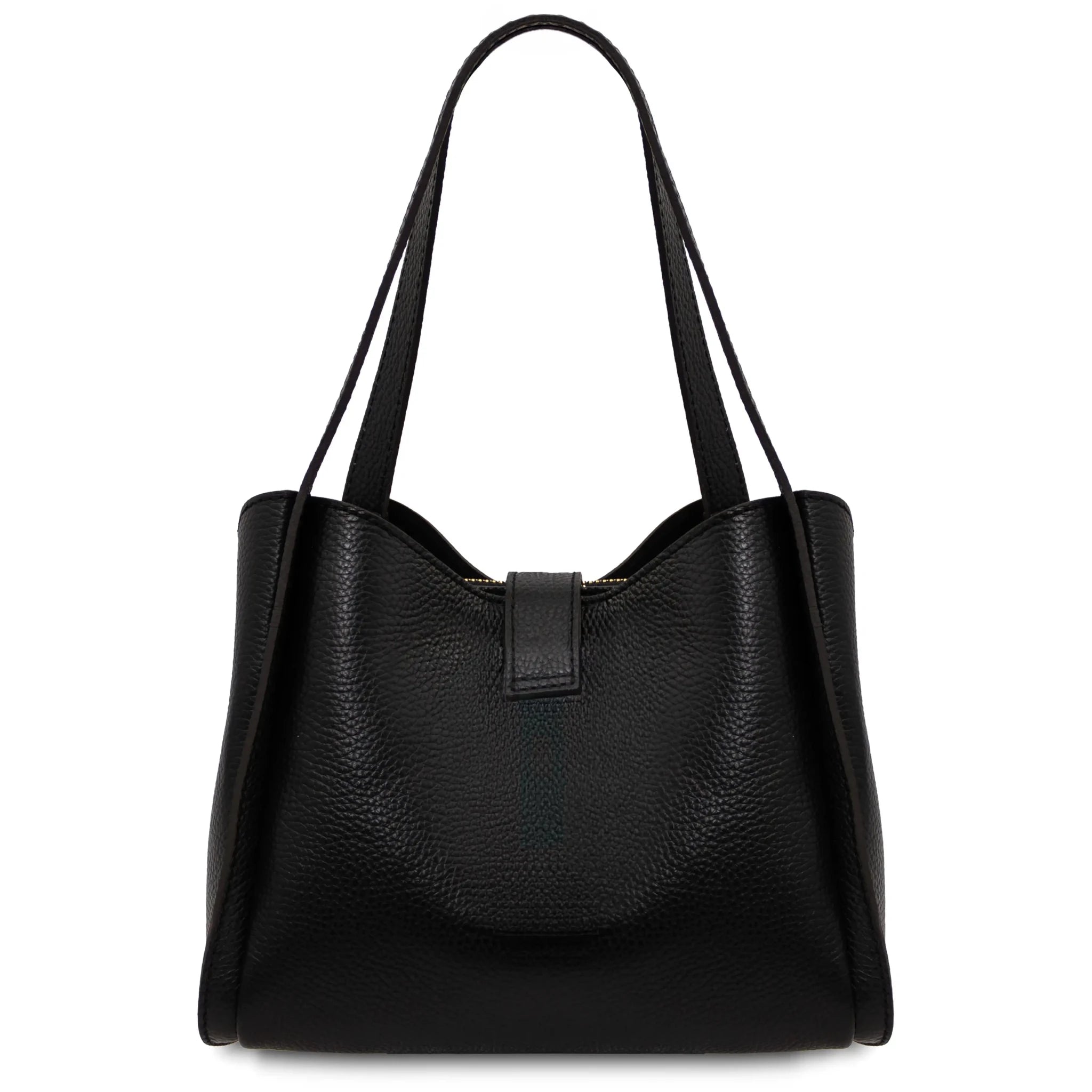 Back view Soave Soft Leather Handbag in black on white background