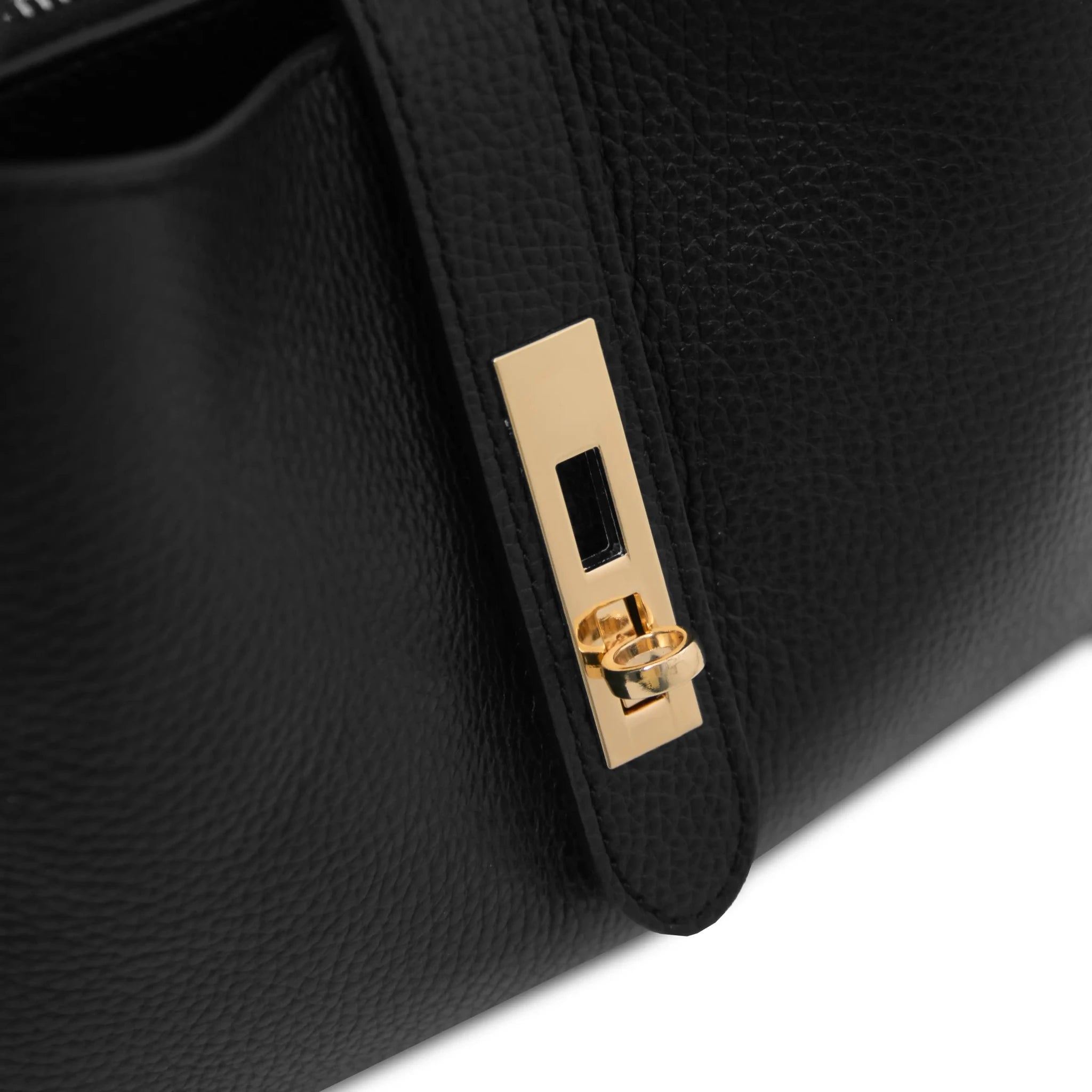 Close up twist lock view Soave Leather Handbag in black on a white background