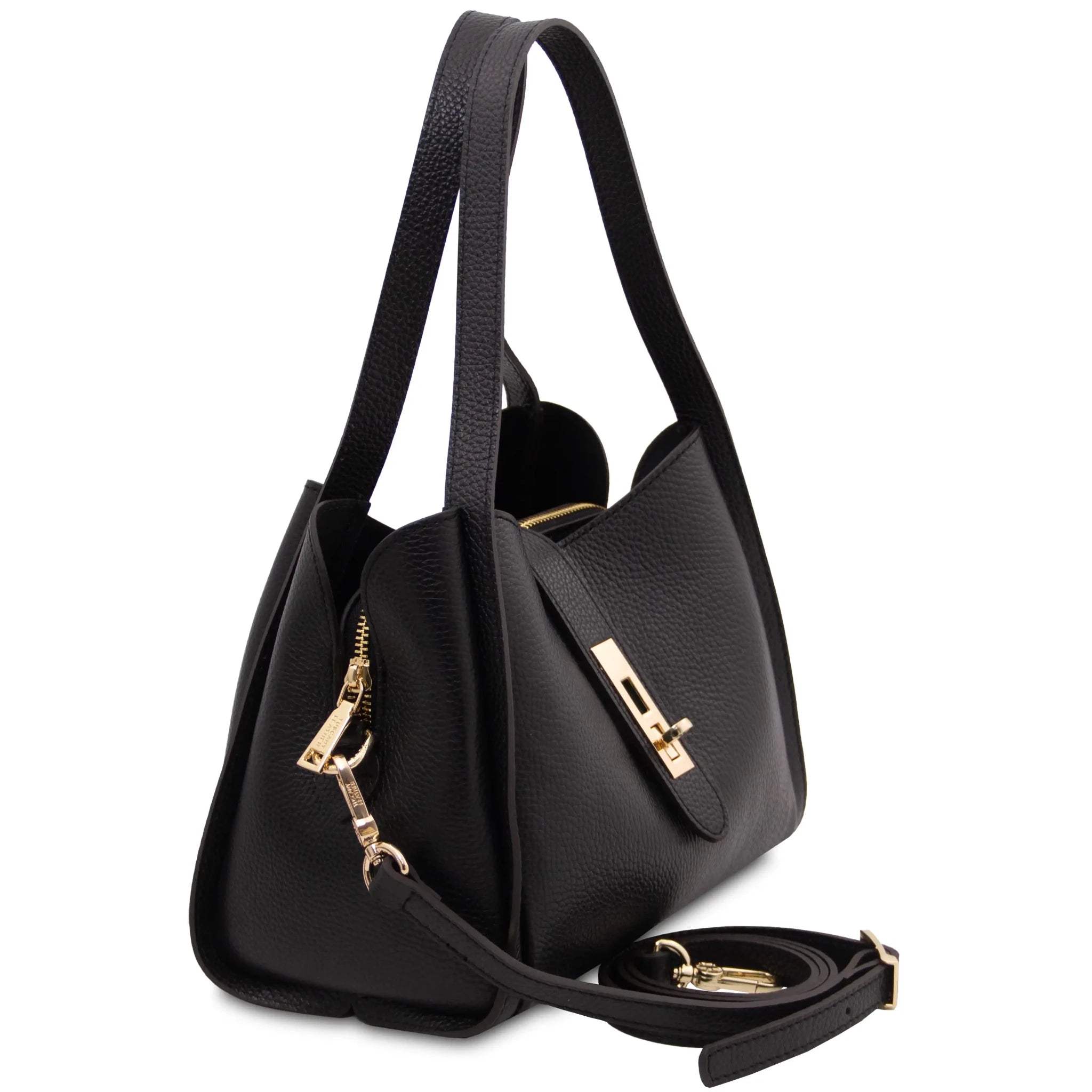 Front angled view Soave Leather Handbag in black with shoulder strap on white background