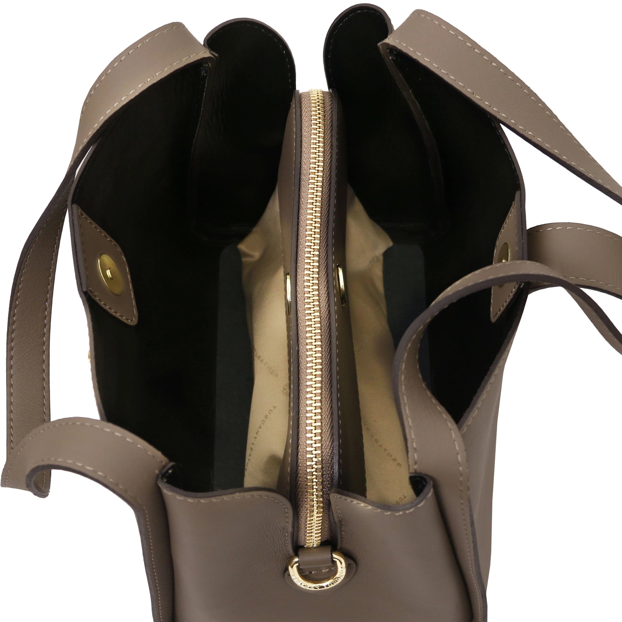 Interior compartments view Soave Soft Italian Leather Handbag in Dark Taupe