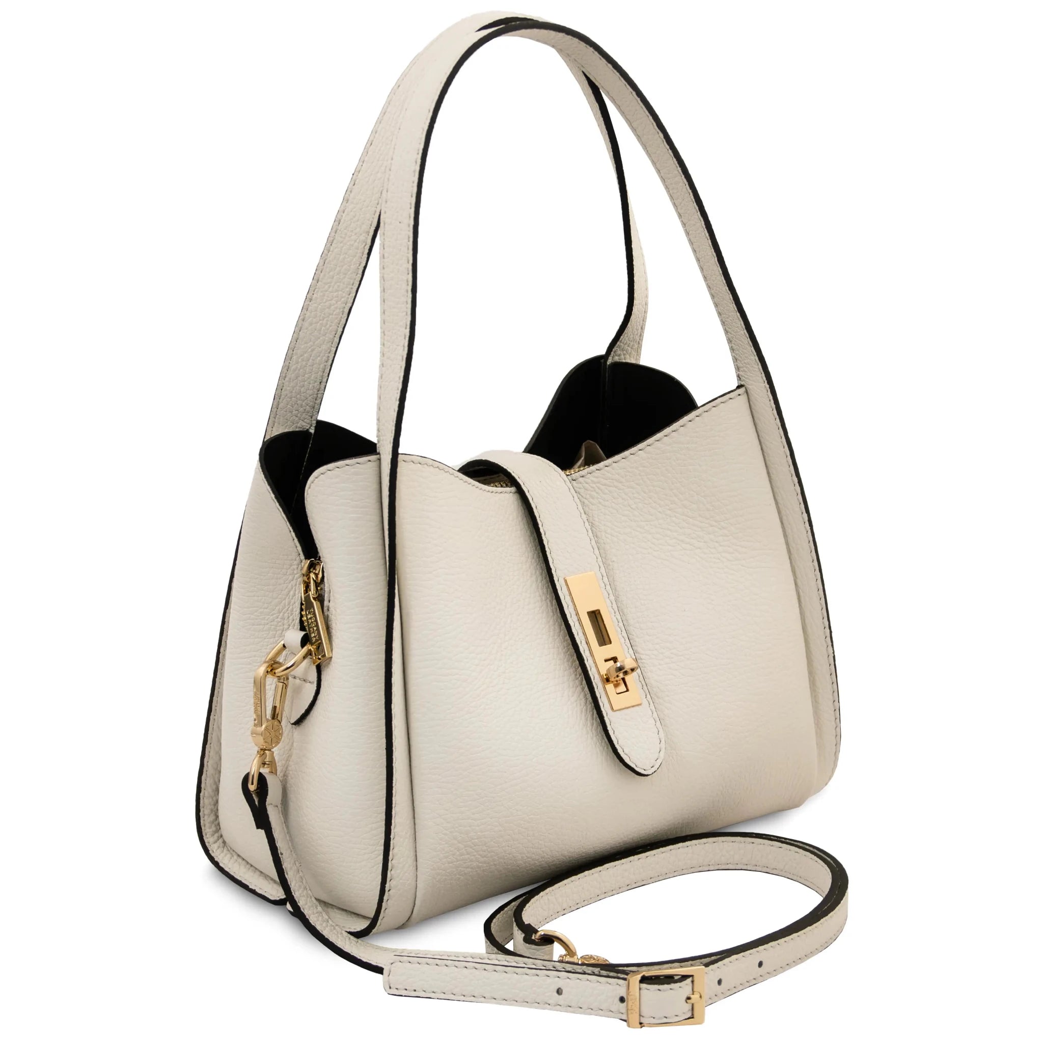 Front angled view Soave Soft Leather Handbag in beige with shoulder strap on white background