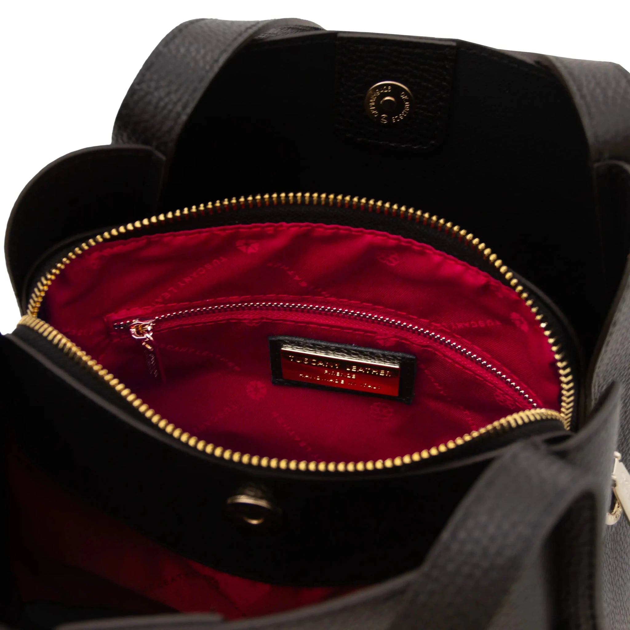 Interior zip pocket red lining view Soave Leather Handbag in black on white background