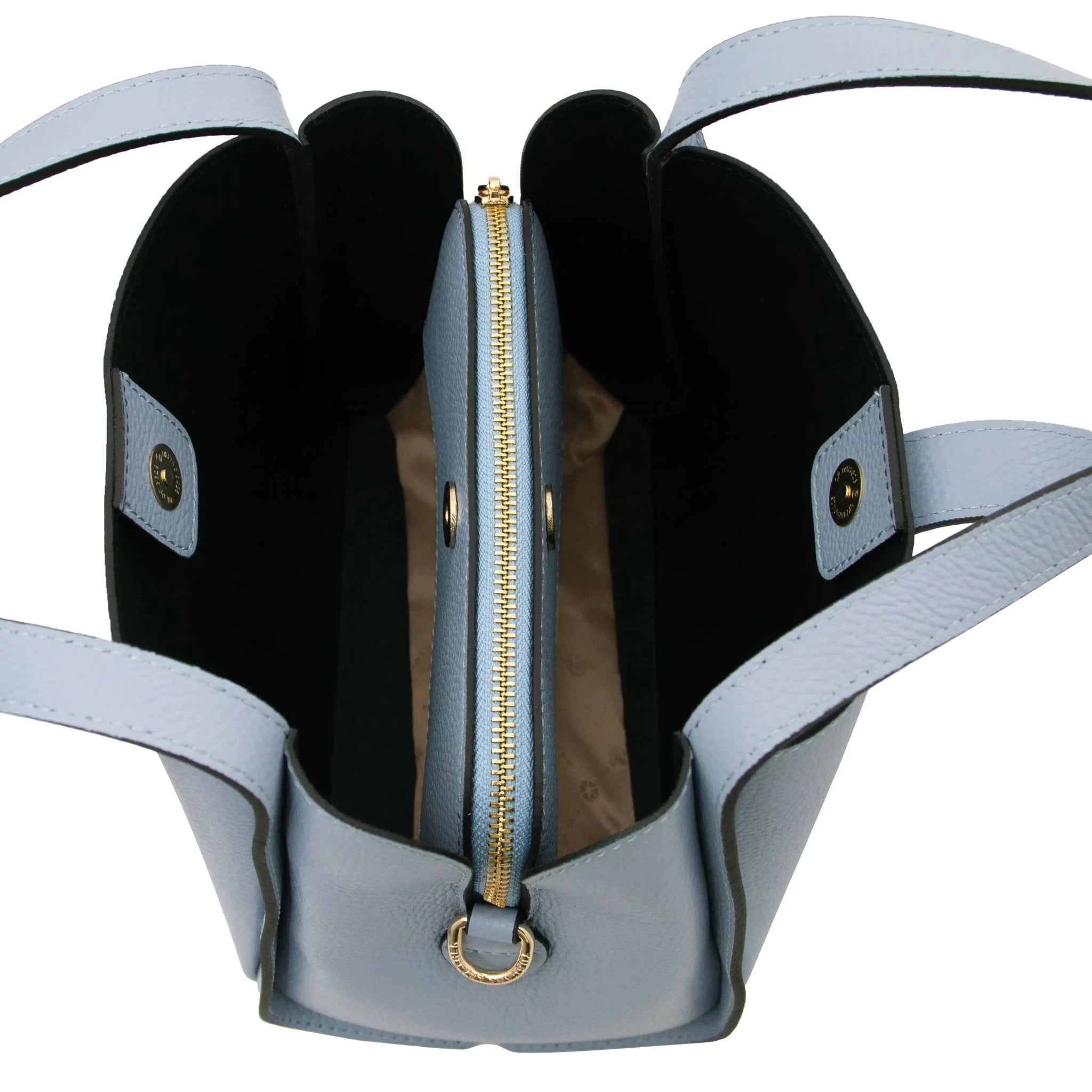 Interior two compartment view Soave Soft Leather Handbag in light blue on a white background
