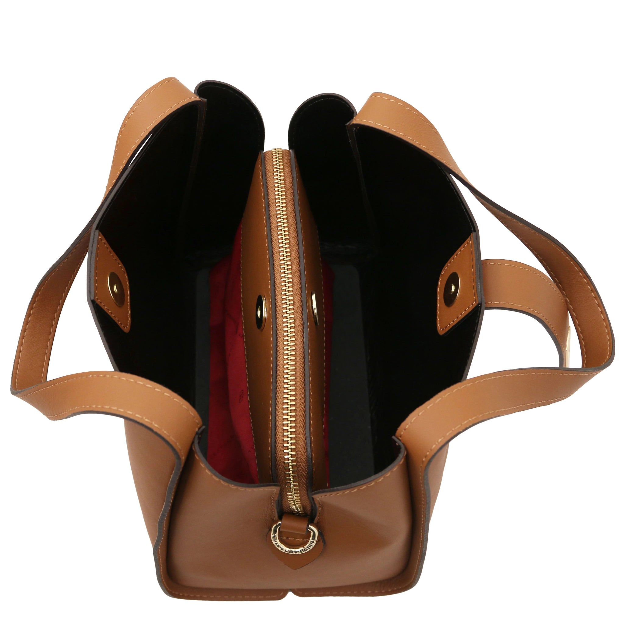 Interior compartments view Soave Soft Italian Leather Handbag in Cognac