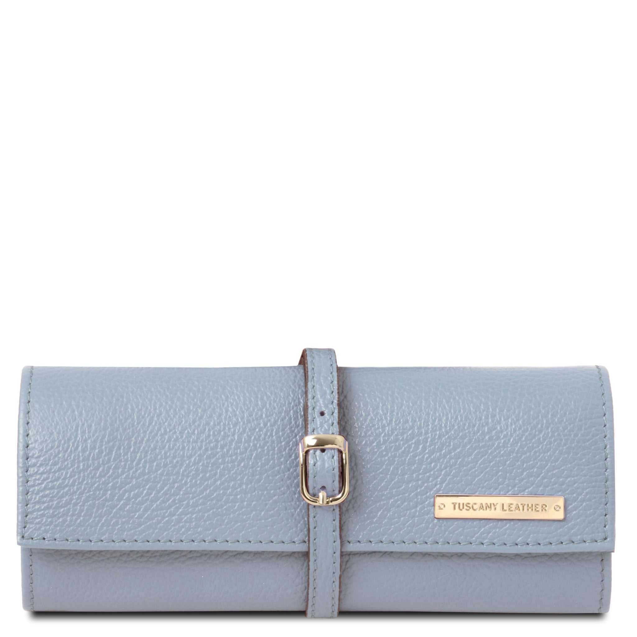 Soft Leather Jewelry Case in light blue rolled up showing buckle strap closure 