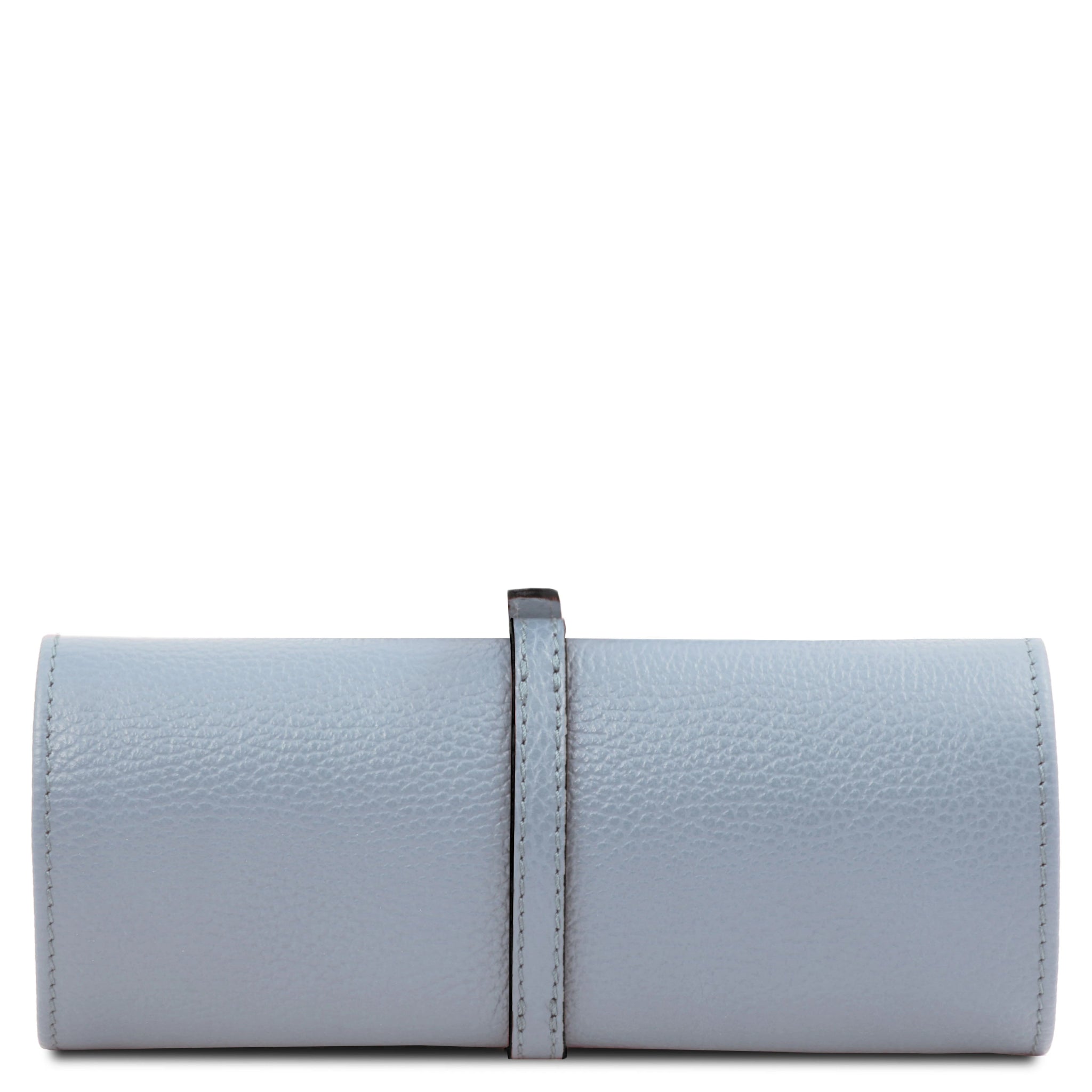 Back view Soft Leather Jewelry Case in light blue rolled up showing buckle strap closure
