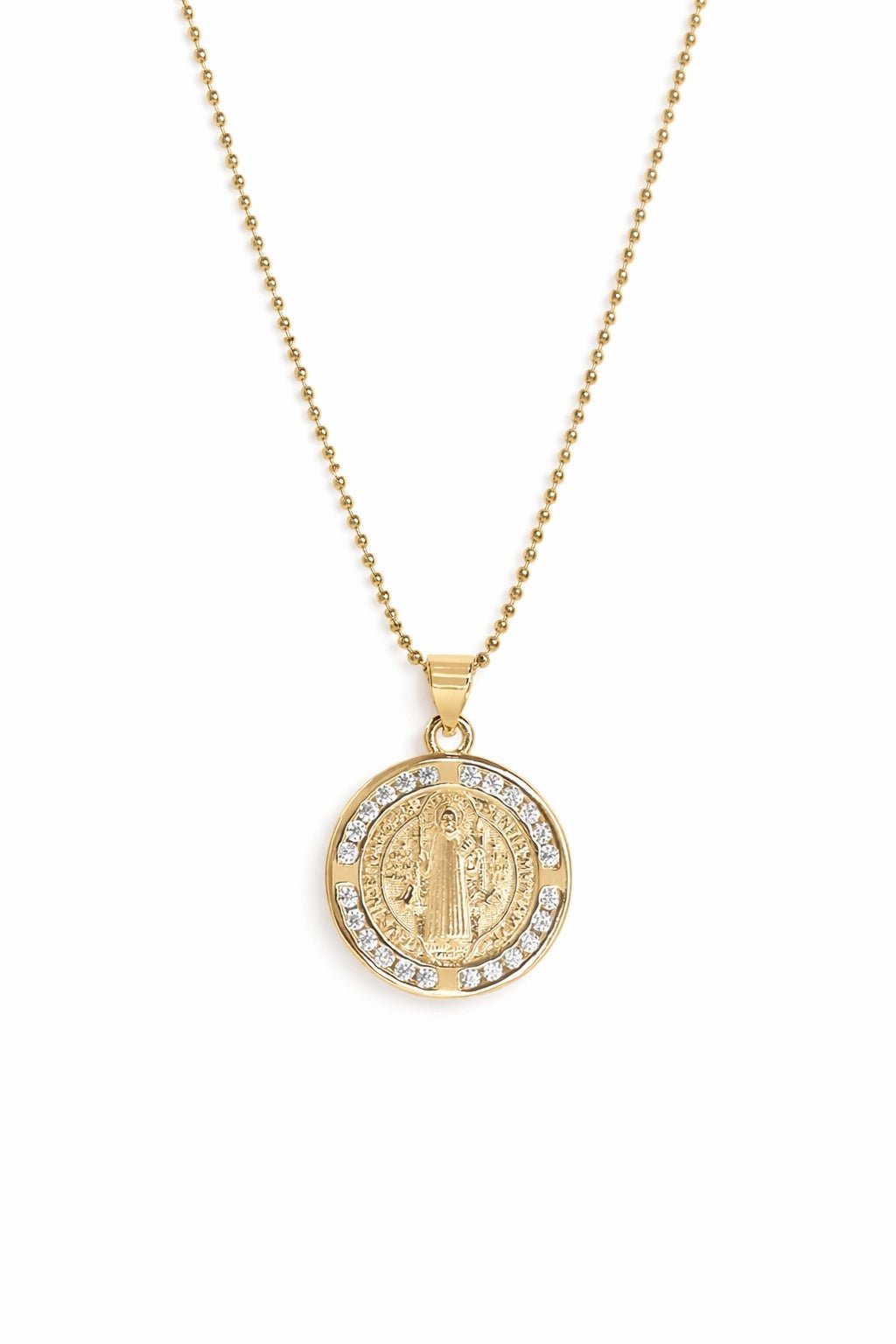 St. Benedict Coin Pendant Ball Chain Necklace on a white background