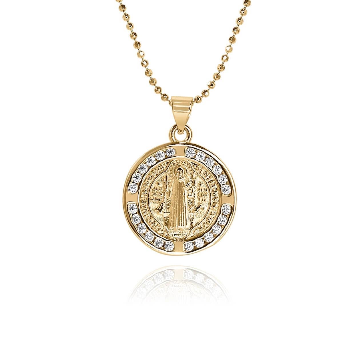 St. Benedict Coin Pendant with cubic zirconia accents that outline the Saint