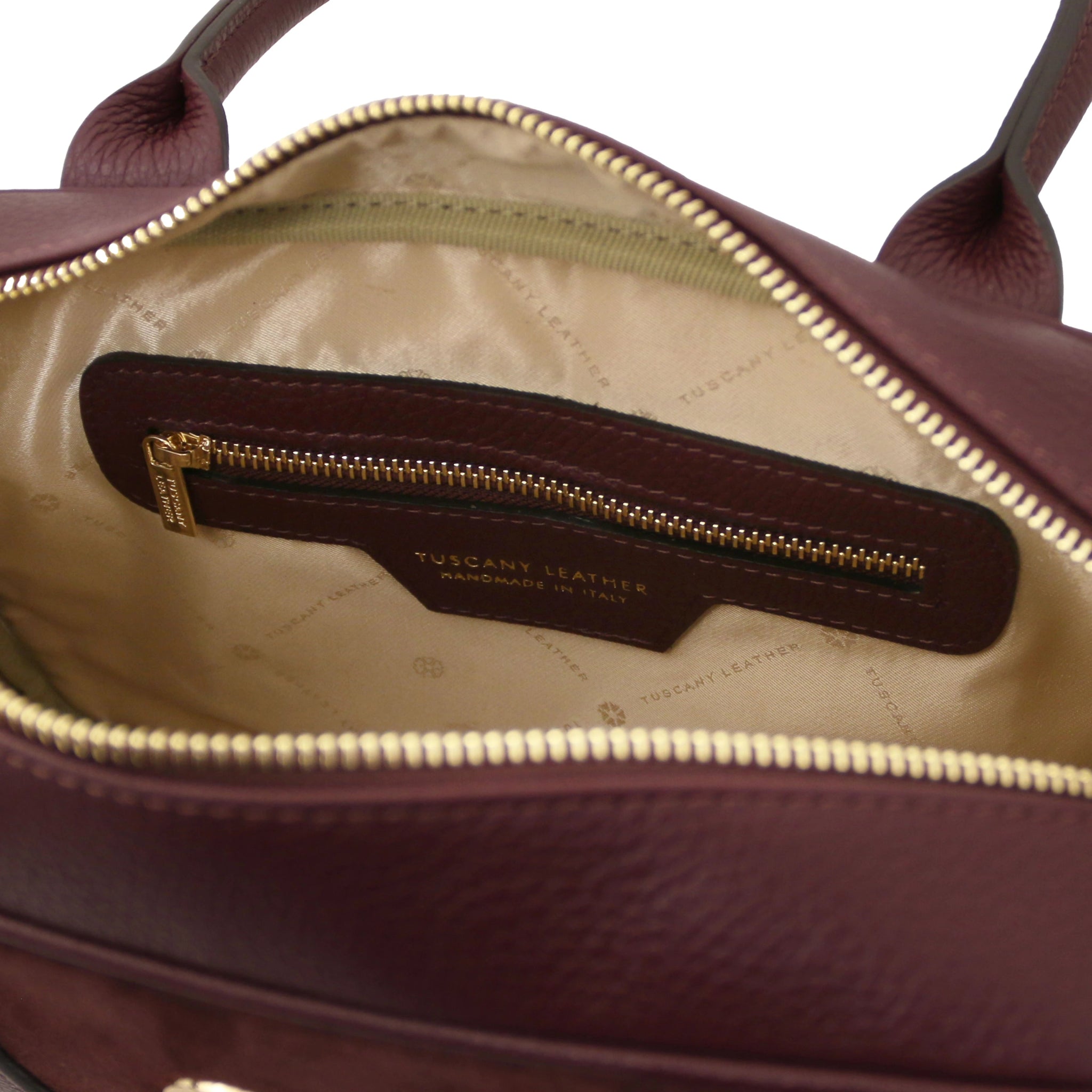 Interior zip pocket view Stephany Italian Suede Leather Handbag in Bordeaux