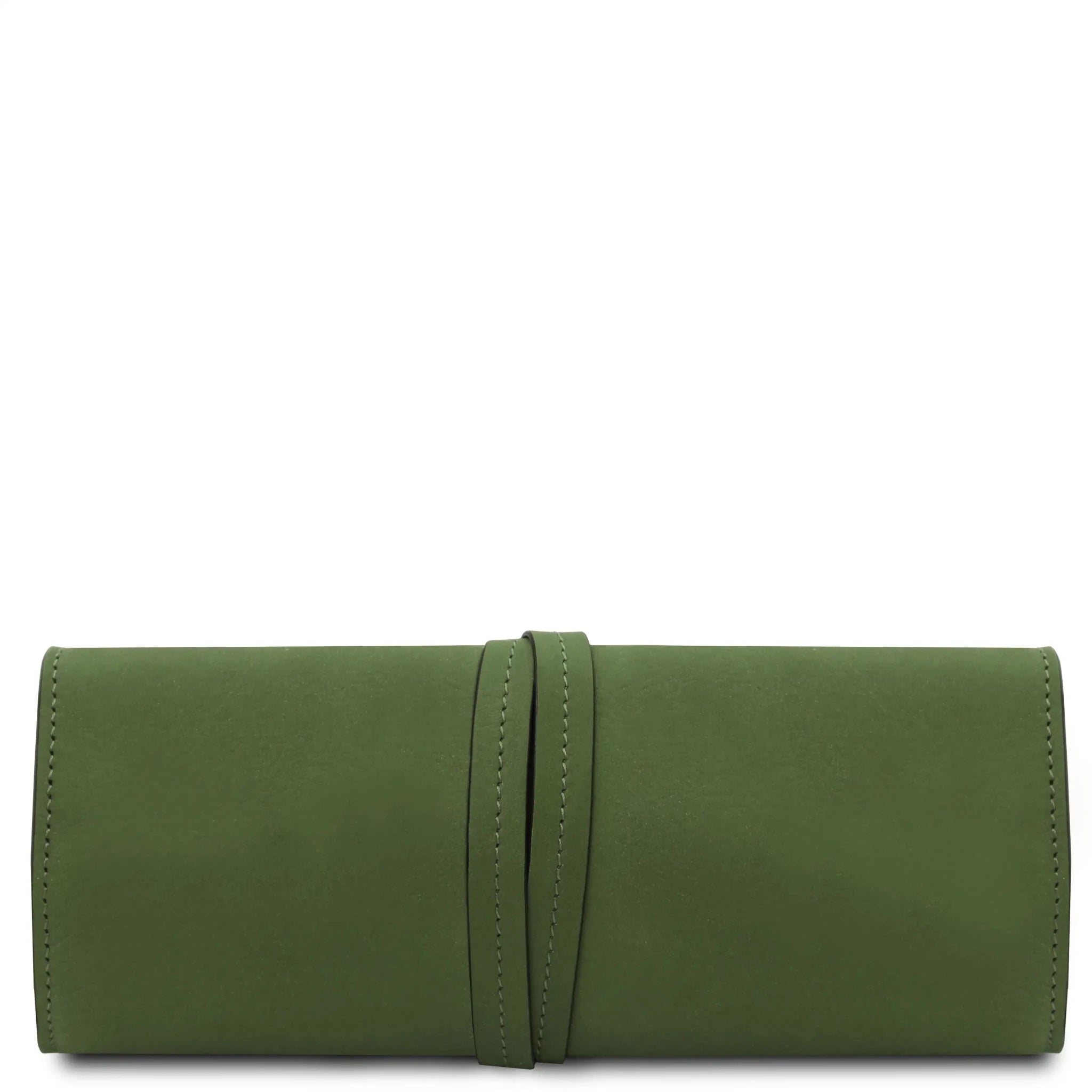 Back wrapped tie closure view Structured Italian Leather Jewelry Case in green