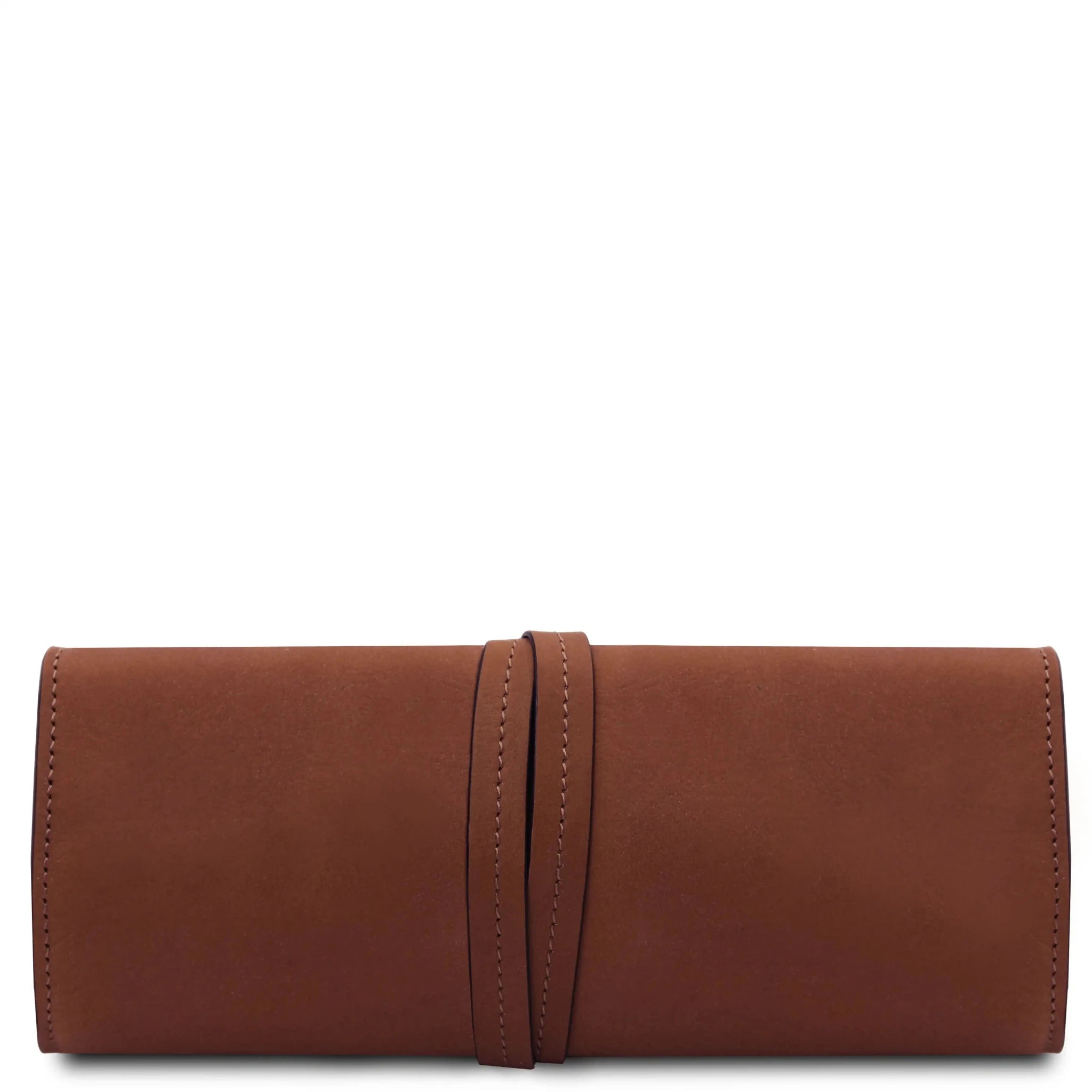 Back wrapped tie closure view Structured Italian Leather Jewelry Case in brown