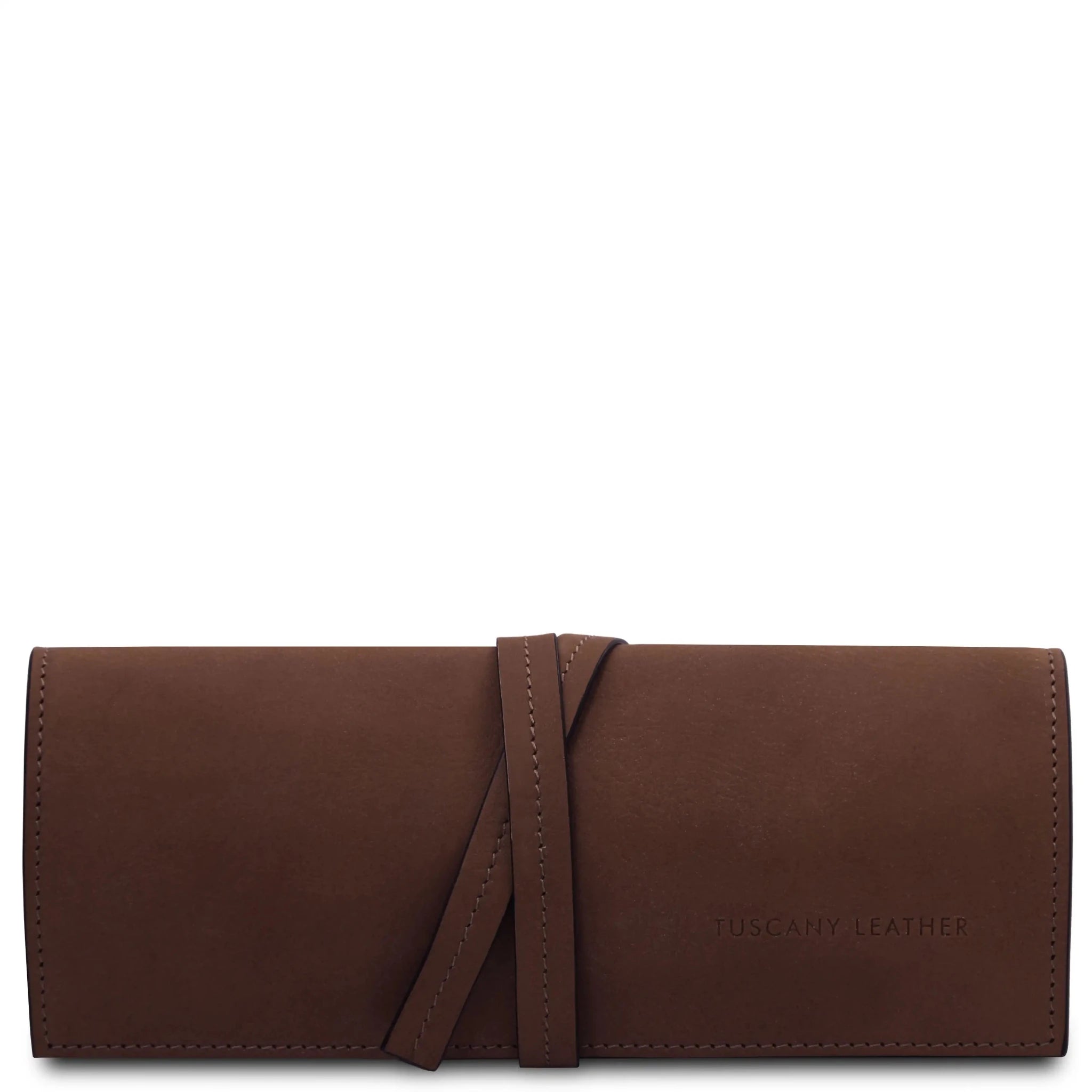 Front wrapped tie closure view Structured Italian Leather Jewelry Case in brown