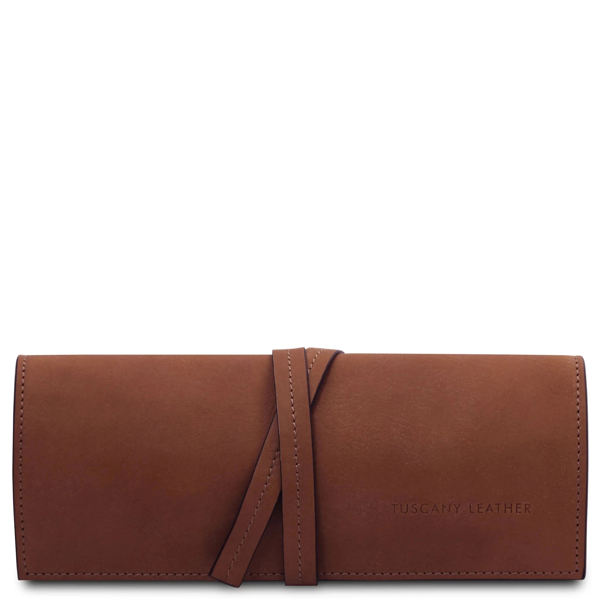 Front wrapped tie closure view Italian Leather Jewelry Case in brown.webp