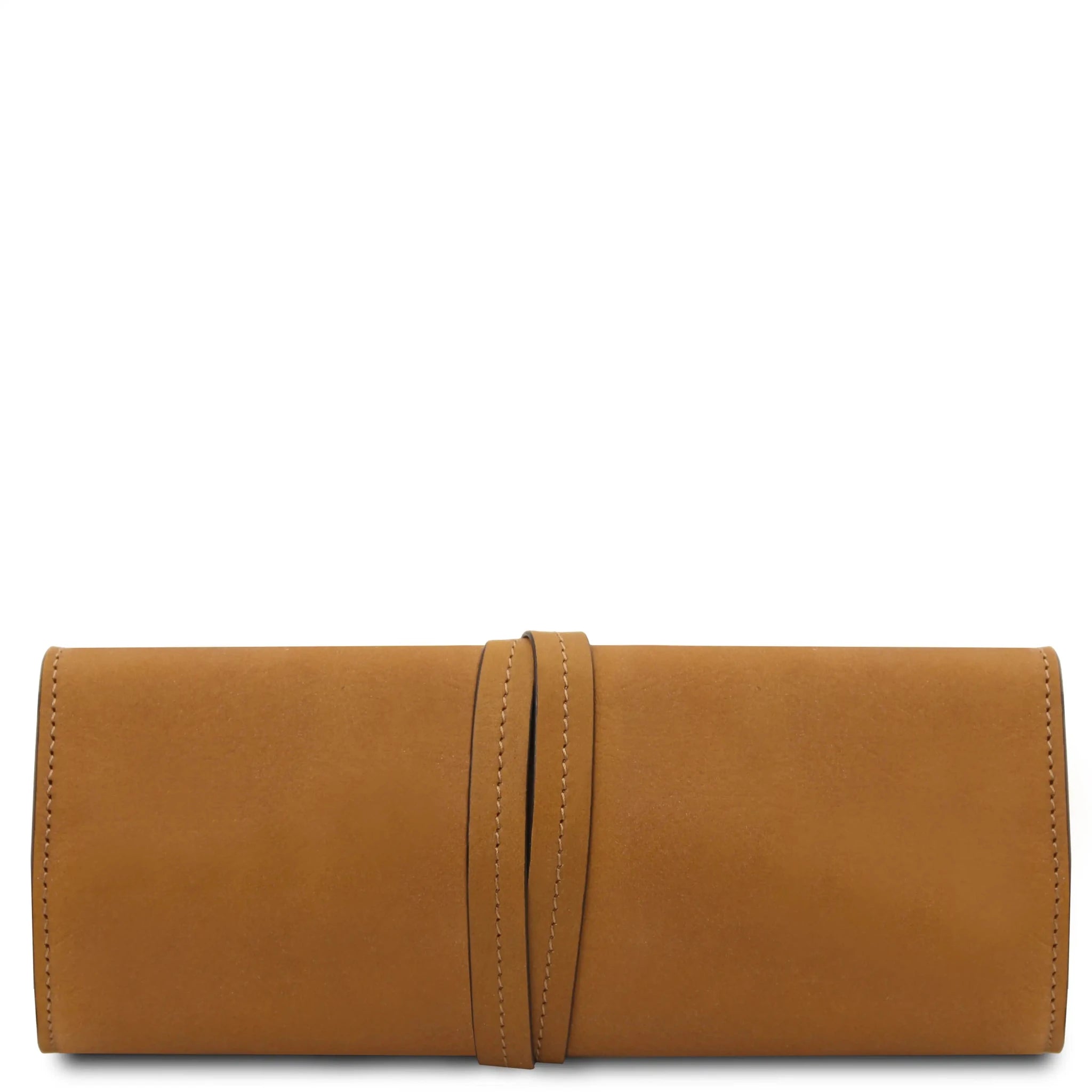 Back wrapped tie closure view Structured Italian Leather Jewelry Case in dark natural