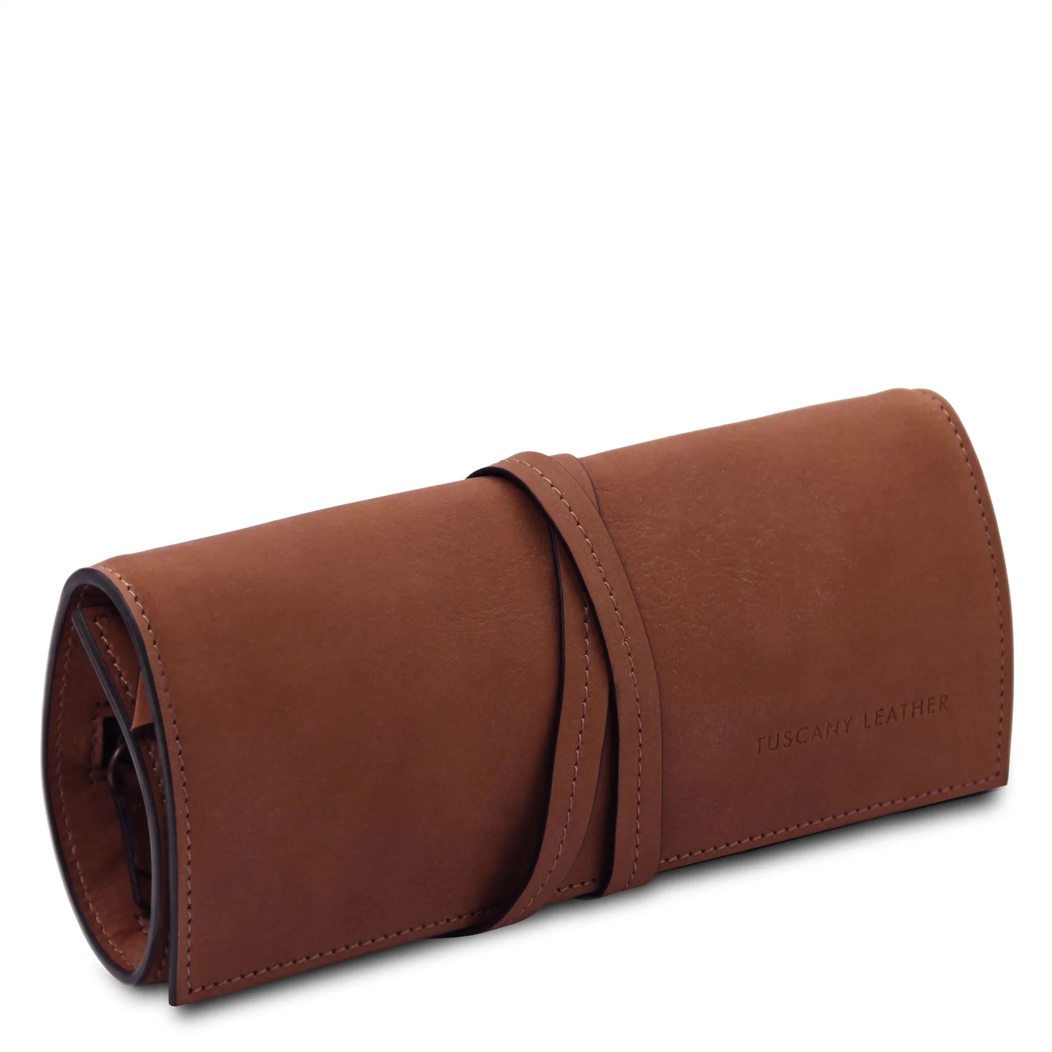 Front side angle view Structured Italian Leather Jewelry Case in brown