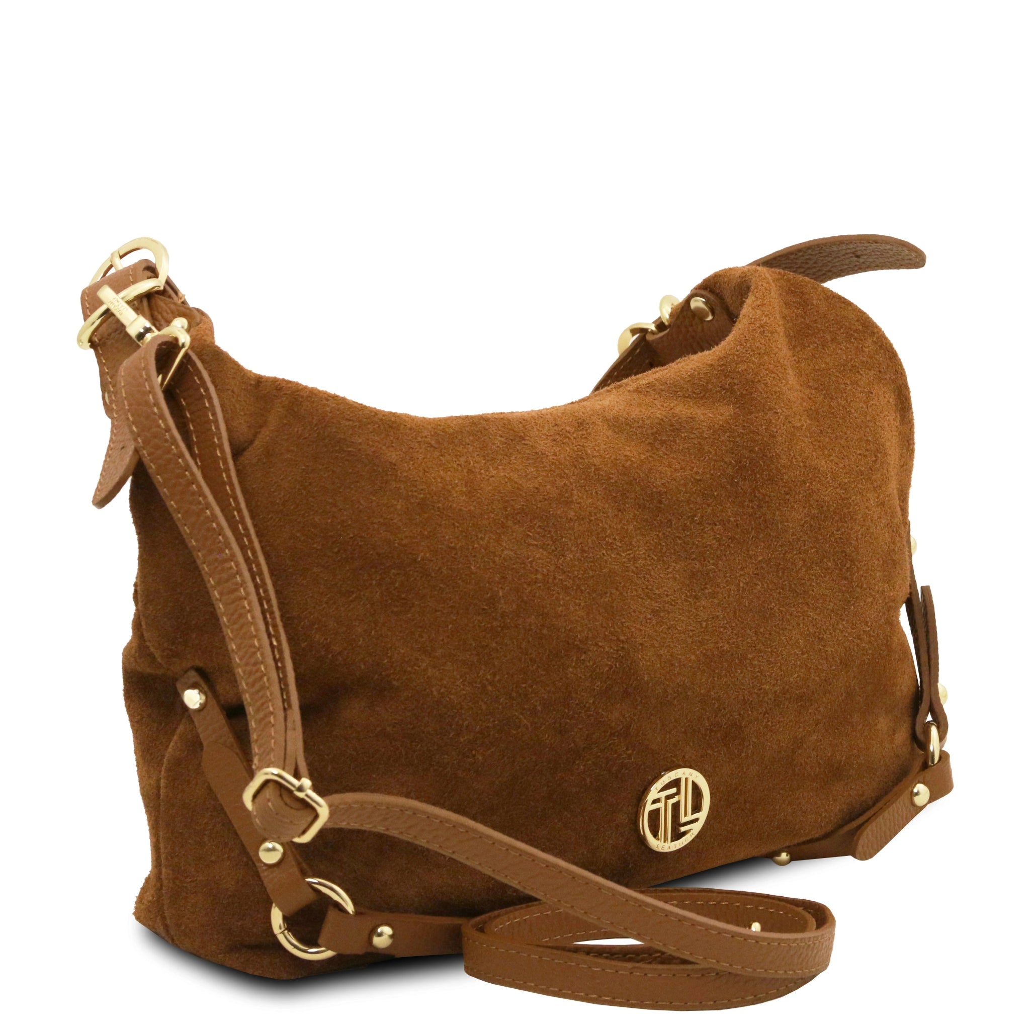 Suede Italian Leather Shoulder Bag - Cognac - shop_name#