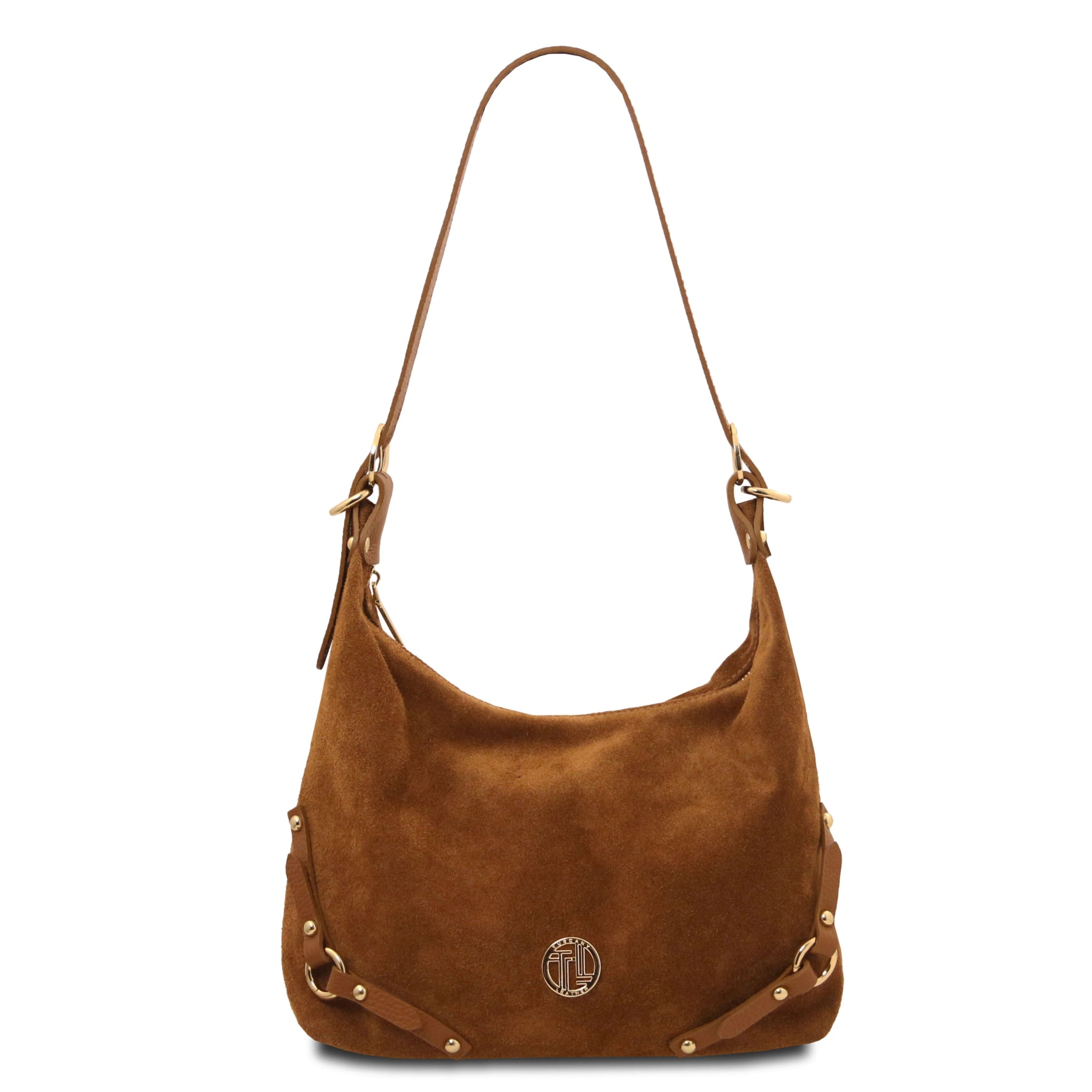 Suede Italian Leather Shoulder Bag - Cognac - shop_name#