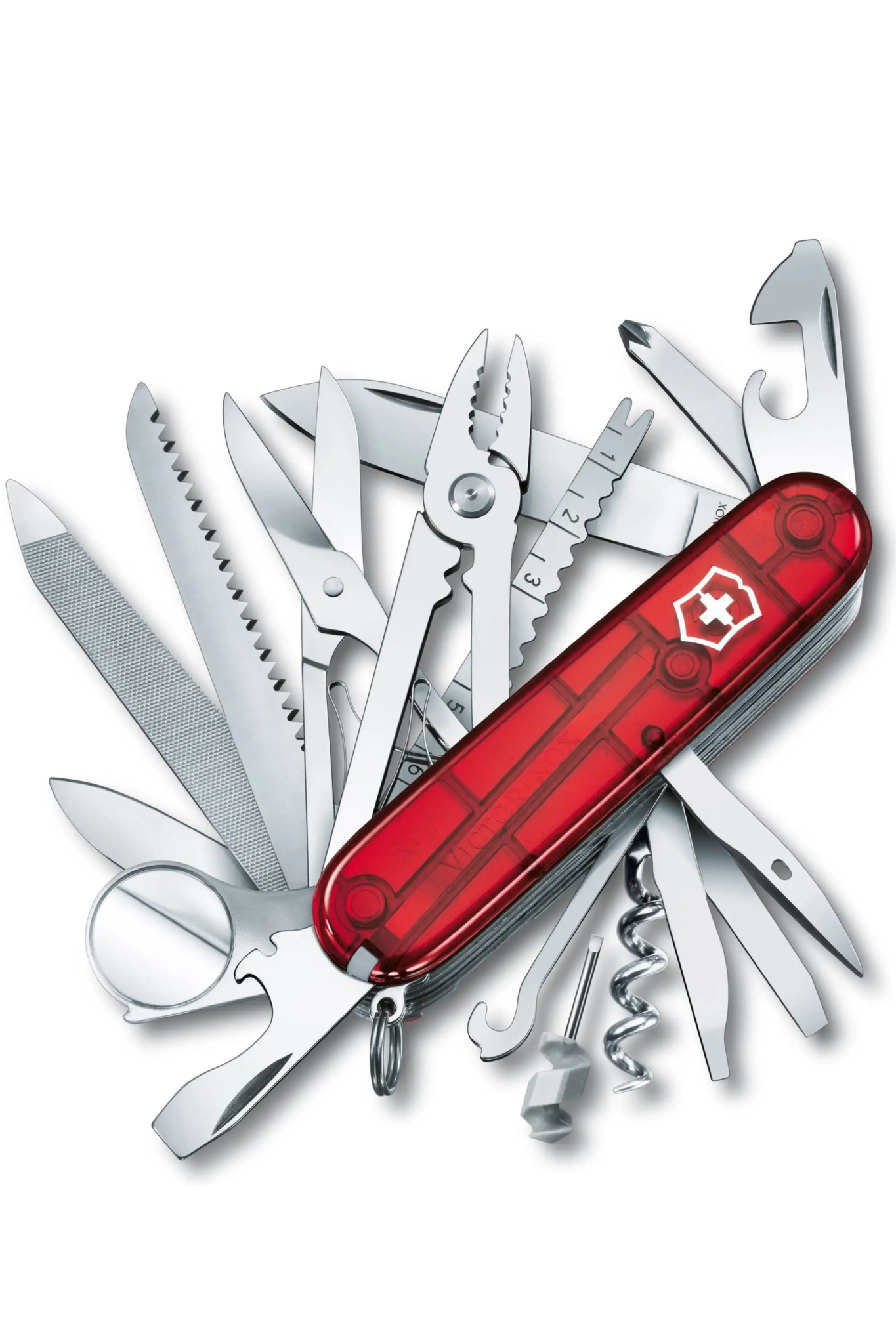 Swiss Champ Pocket Knife fully opened showing all tools on a white background