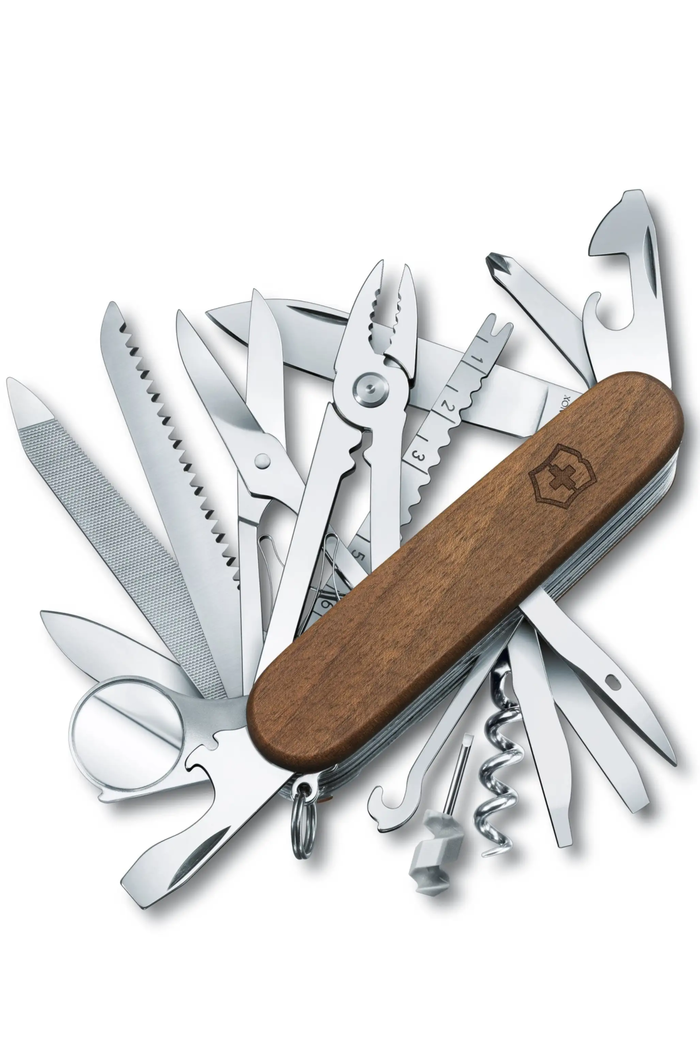 Swiss Champ Walnut Wood Pocket Knife on white background with all tools on display