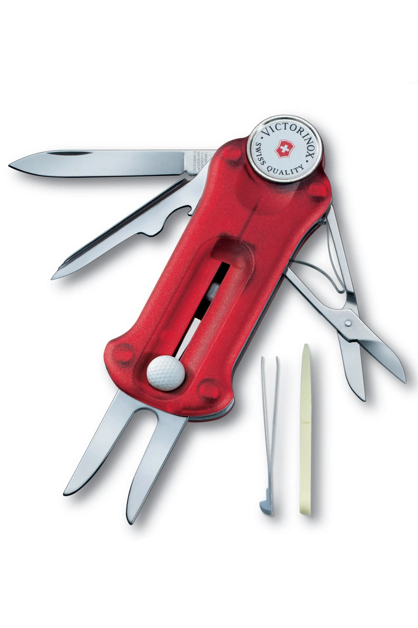 Swiss Golf Tool on a white background with all of its tools on display 