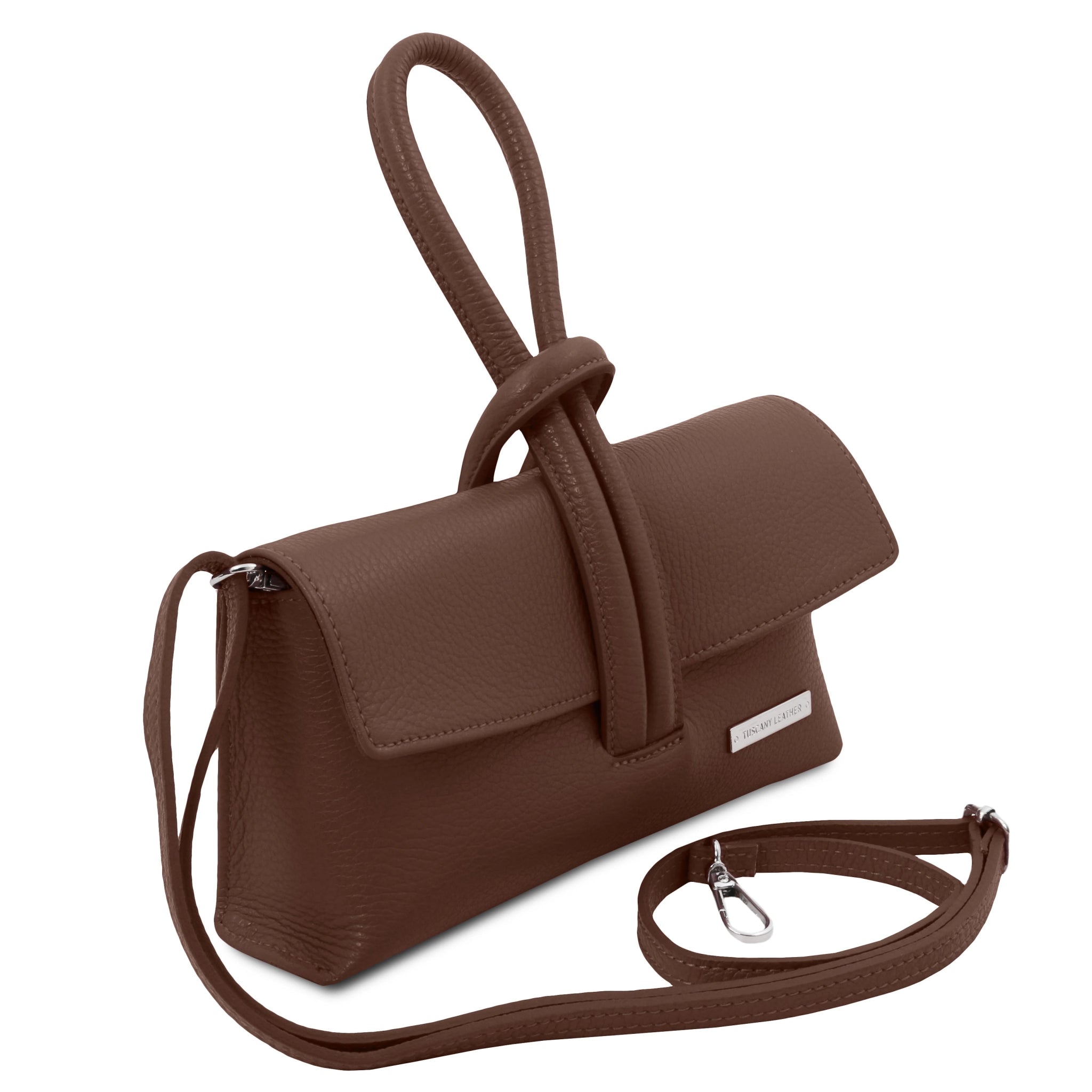 Side View TL Bag Italian Leather Clutch  in Coffee showing removable Shoulder Strap- L'Atelier Global