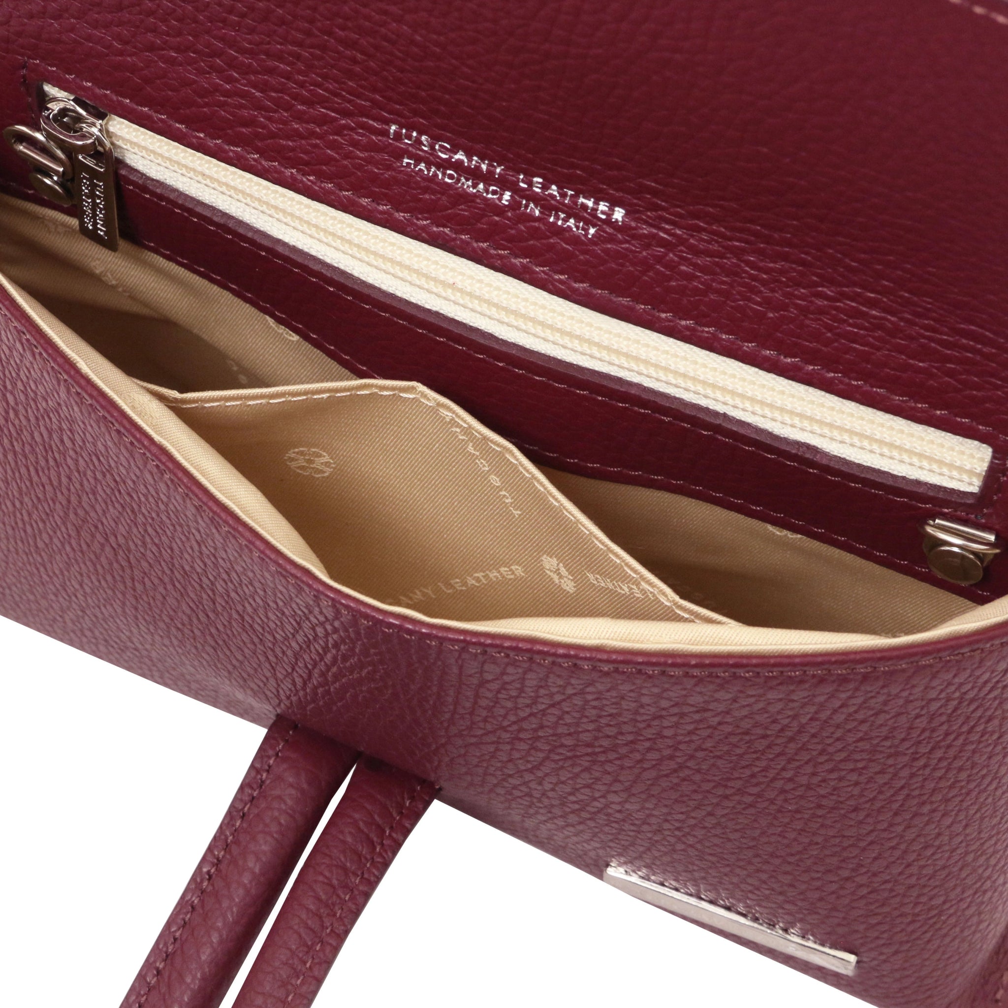 Interior pockets view TL Bag Italian Leather Clutch in bordeaux