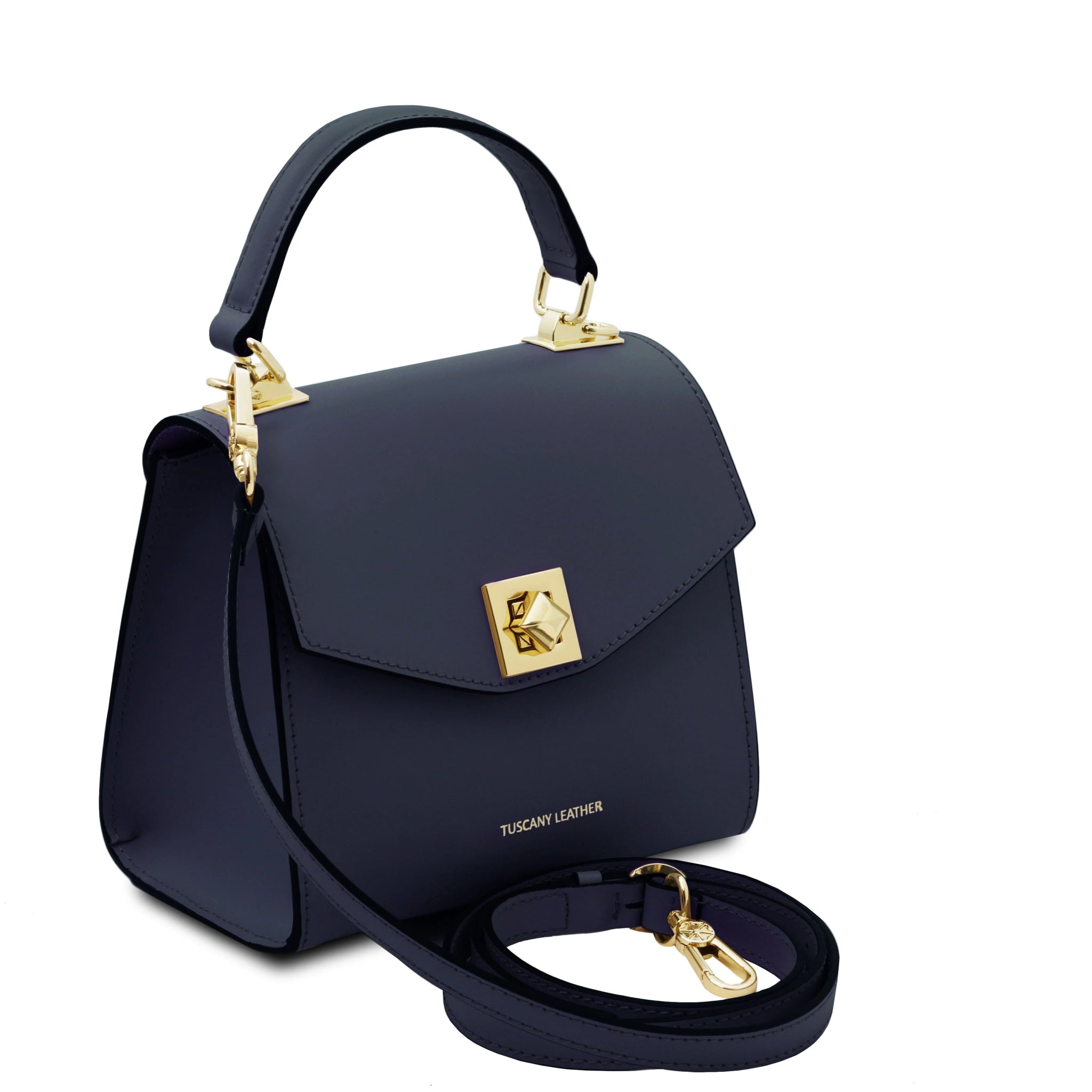 Front side view TL Bag Italian Leather Mini Bag dark blue with shoulder strap
