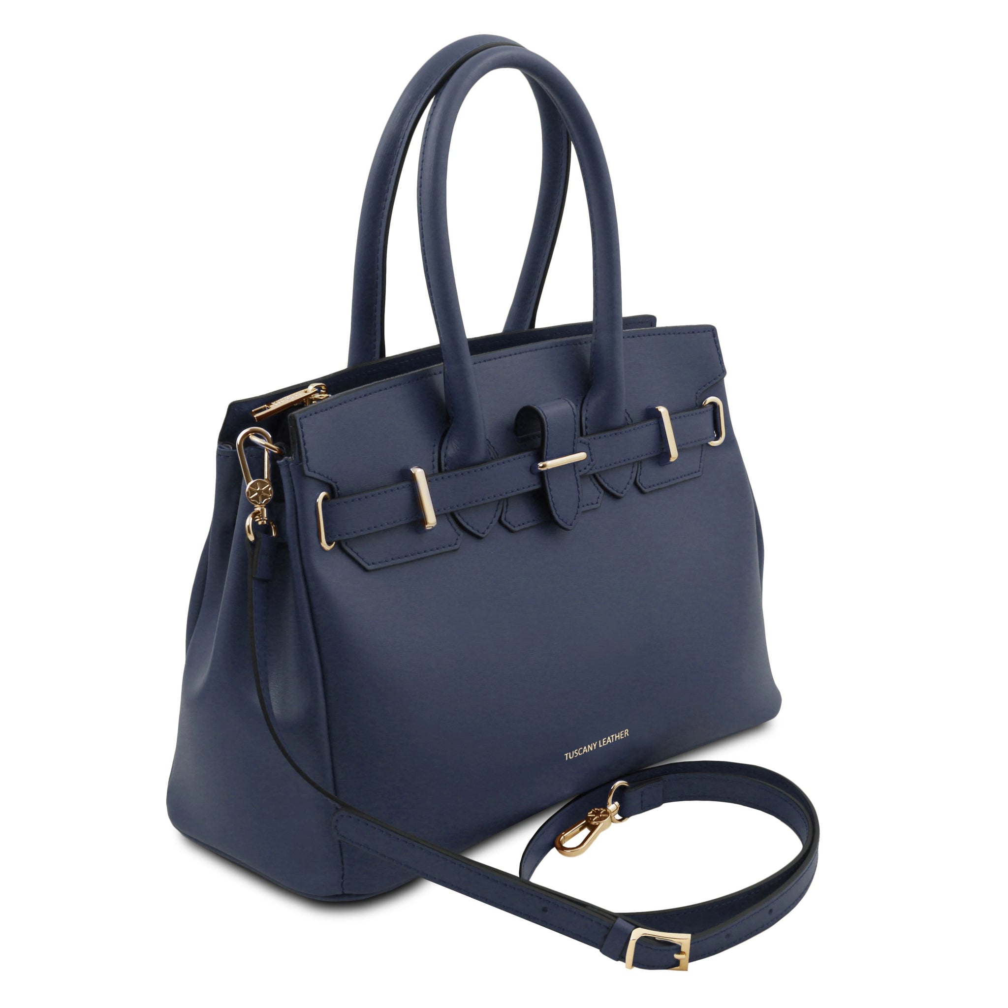 Front Side view TL Bag Italian Leather Handbag in Dark Blue with detachable shoulder strap  