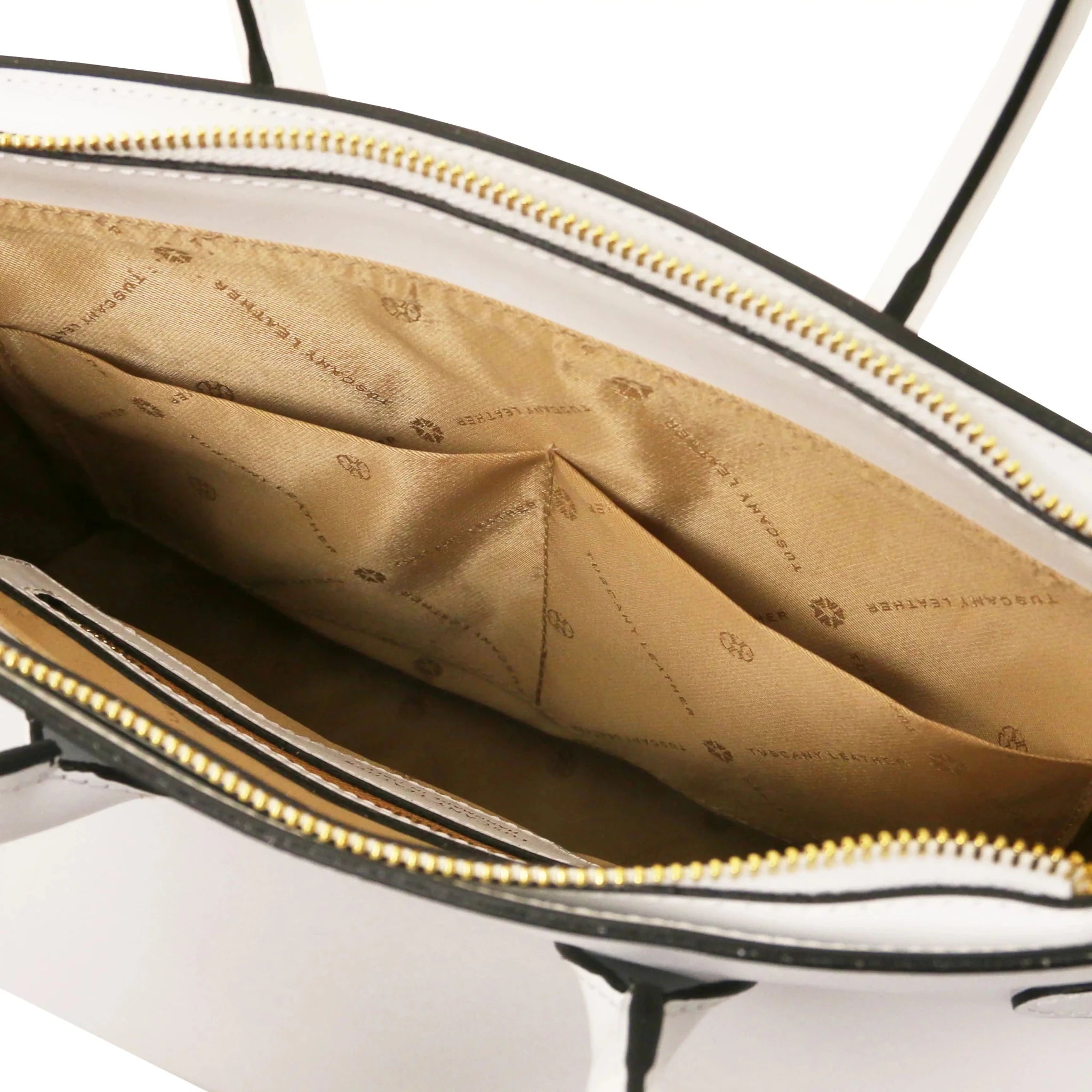 Interior double open pocket view TL Bag Italian Leather Handbag in white with beige lining