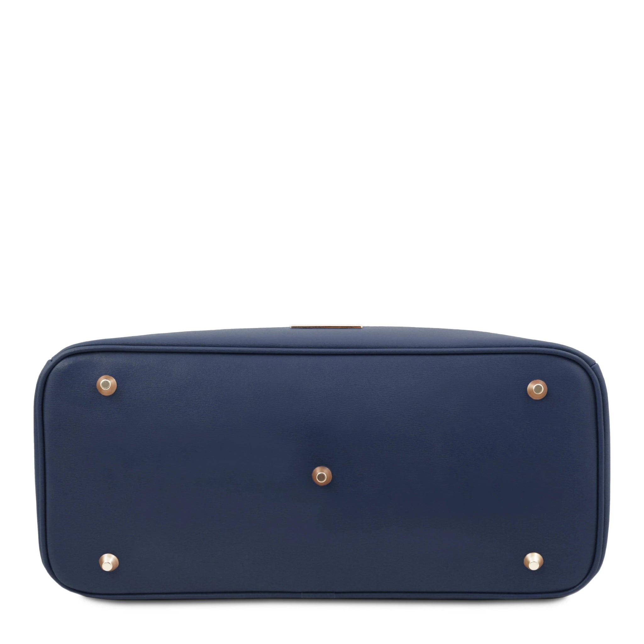Bottom view TL Bag Italian Leather Handbag in Dark Blue with five gold protective feet