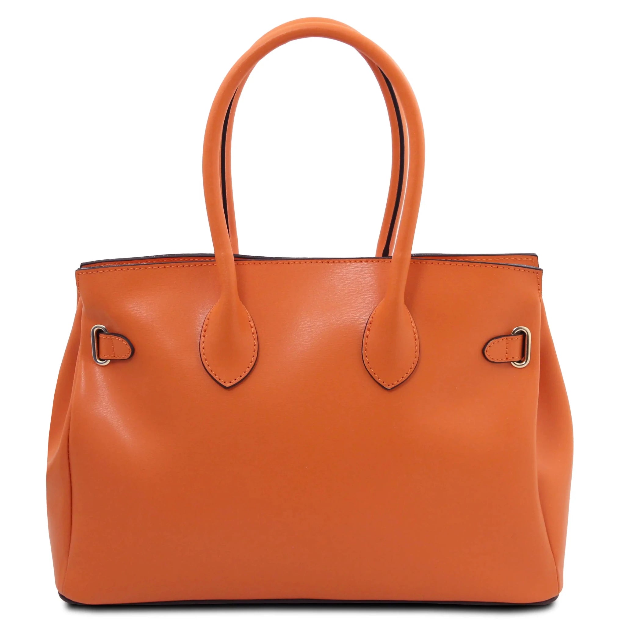 Back view TL Bag in orange  with arched handle and back rounded gold buckle accent